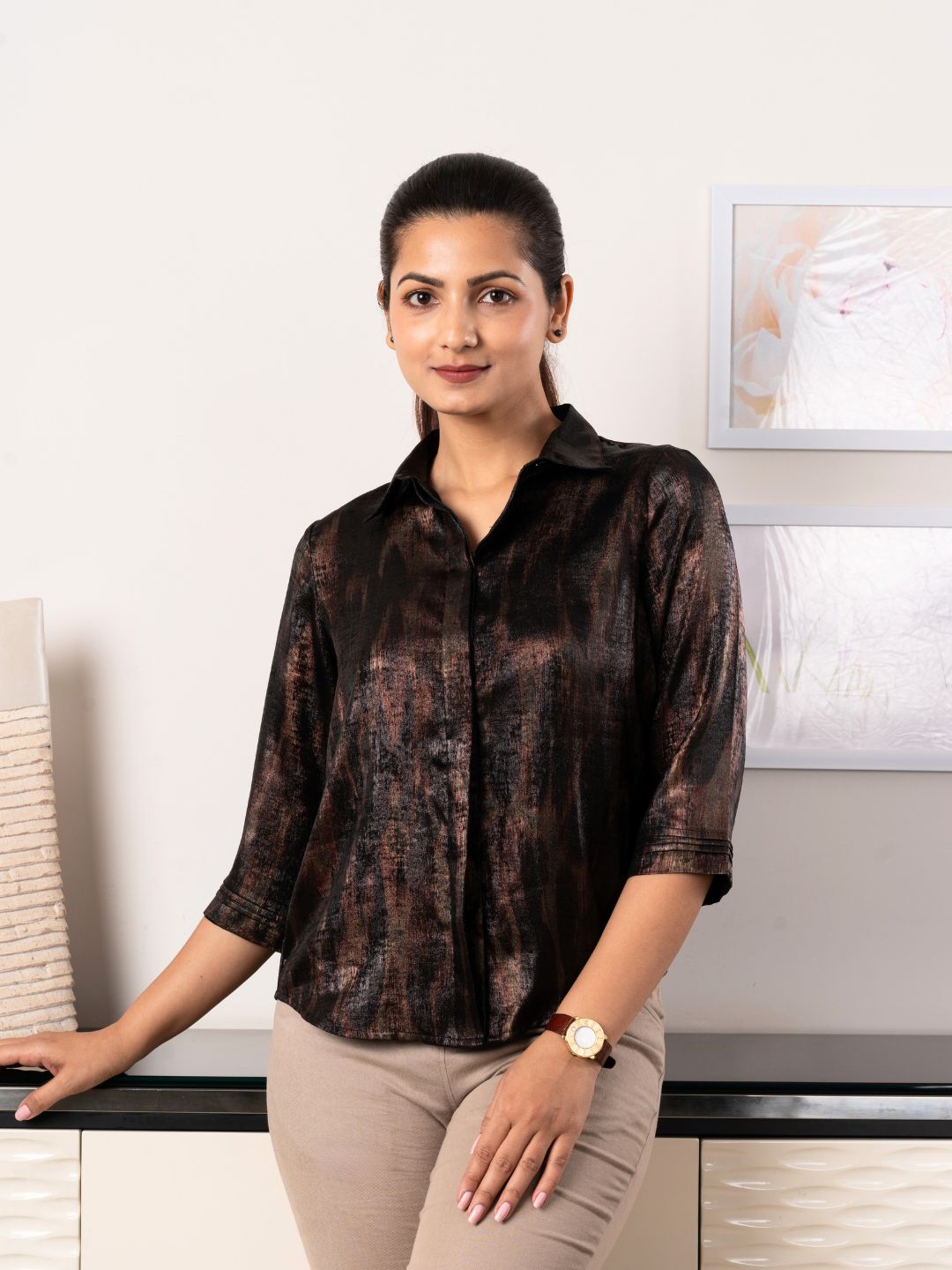 Women's Shirt in Brown and Black Satin Fabric - Front