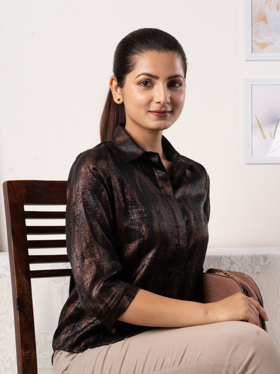 Women's Shirt in Brown and Black Satin Fabric - Sitting 2
