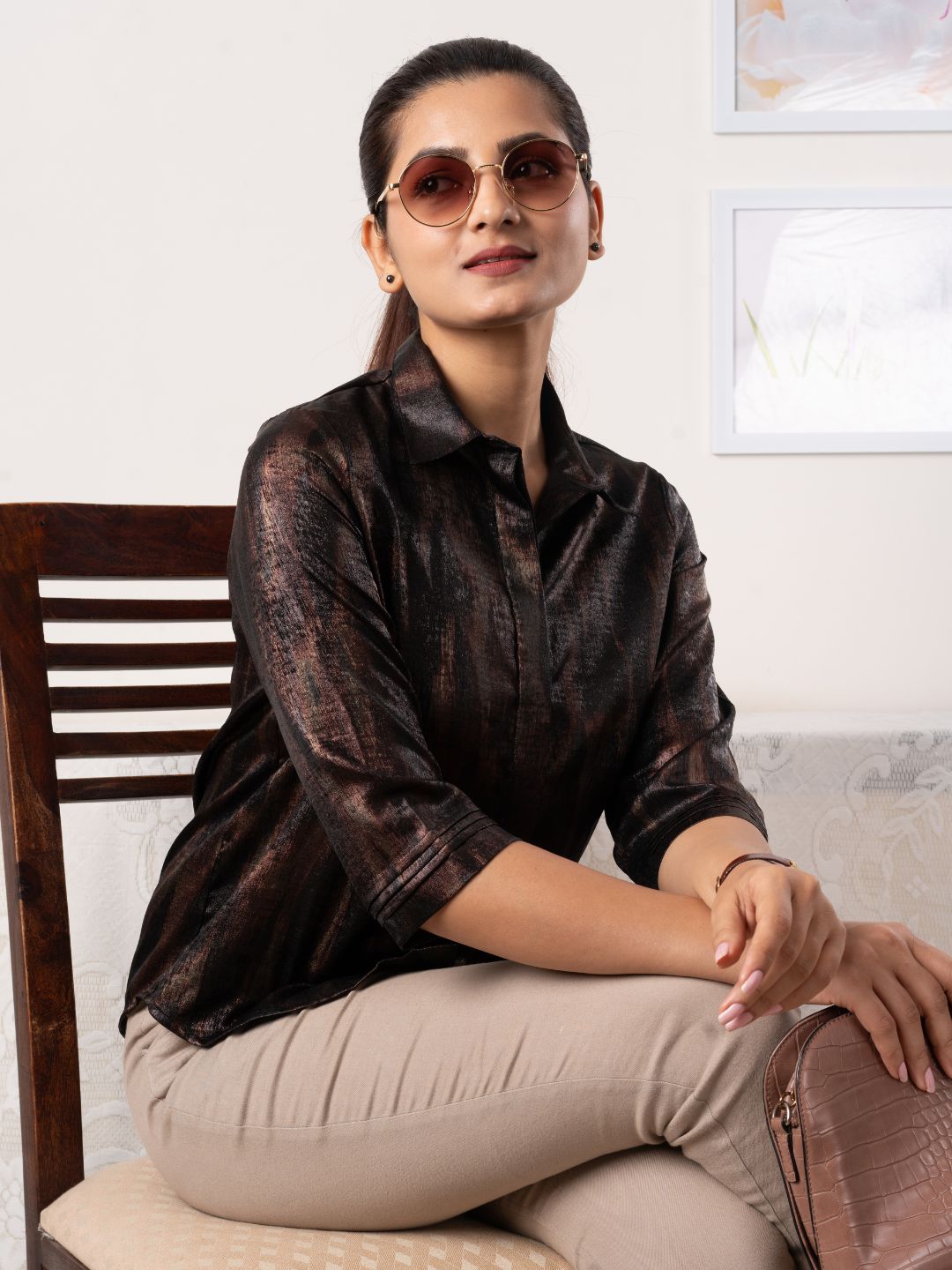 Women's Shirt in Brown and Black Satin Fabric - Sitting