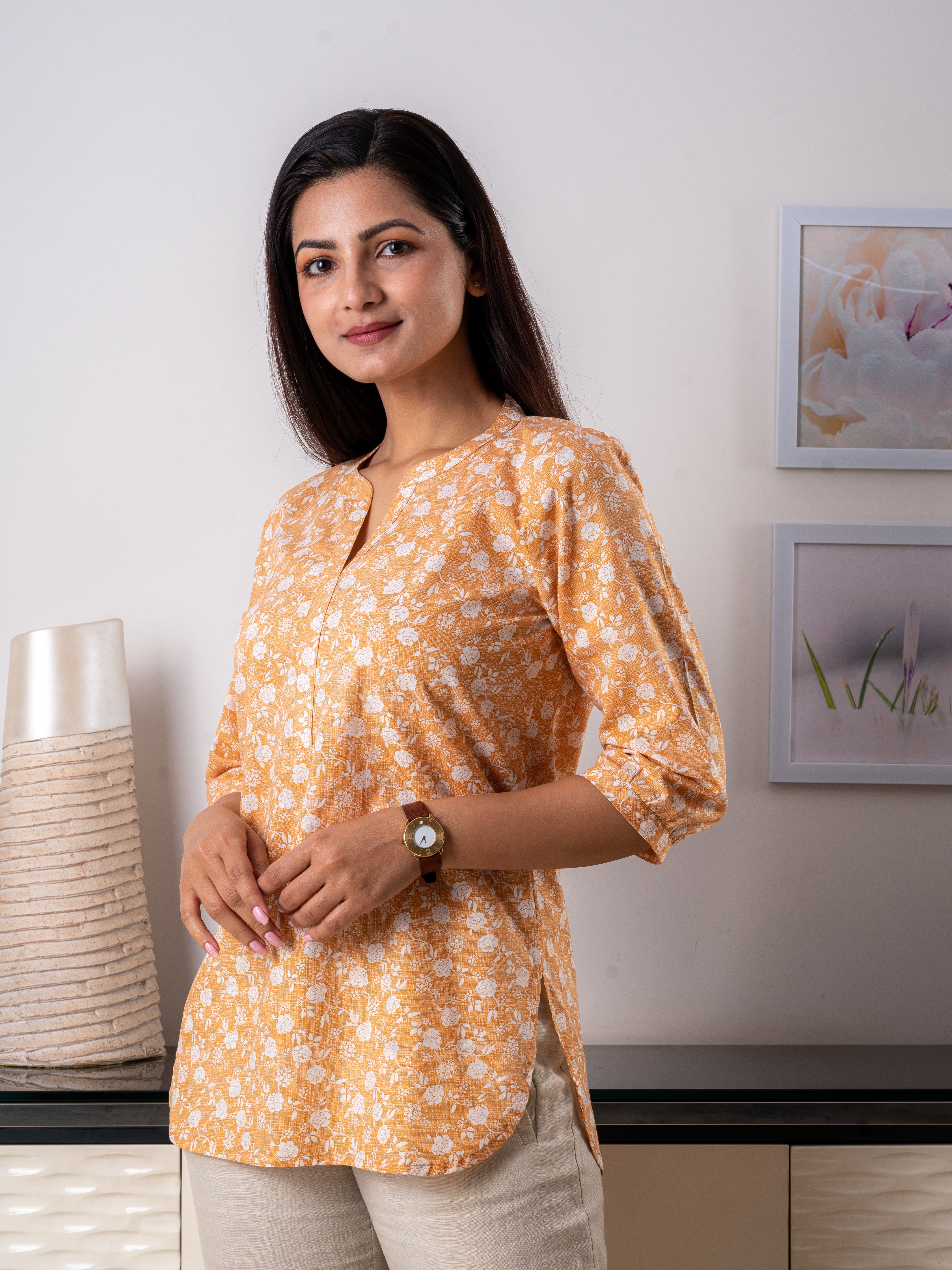 Women's Top in Yellow & Cream Floral Print - Side