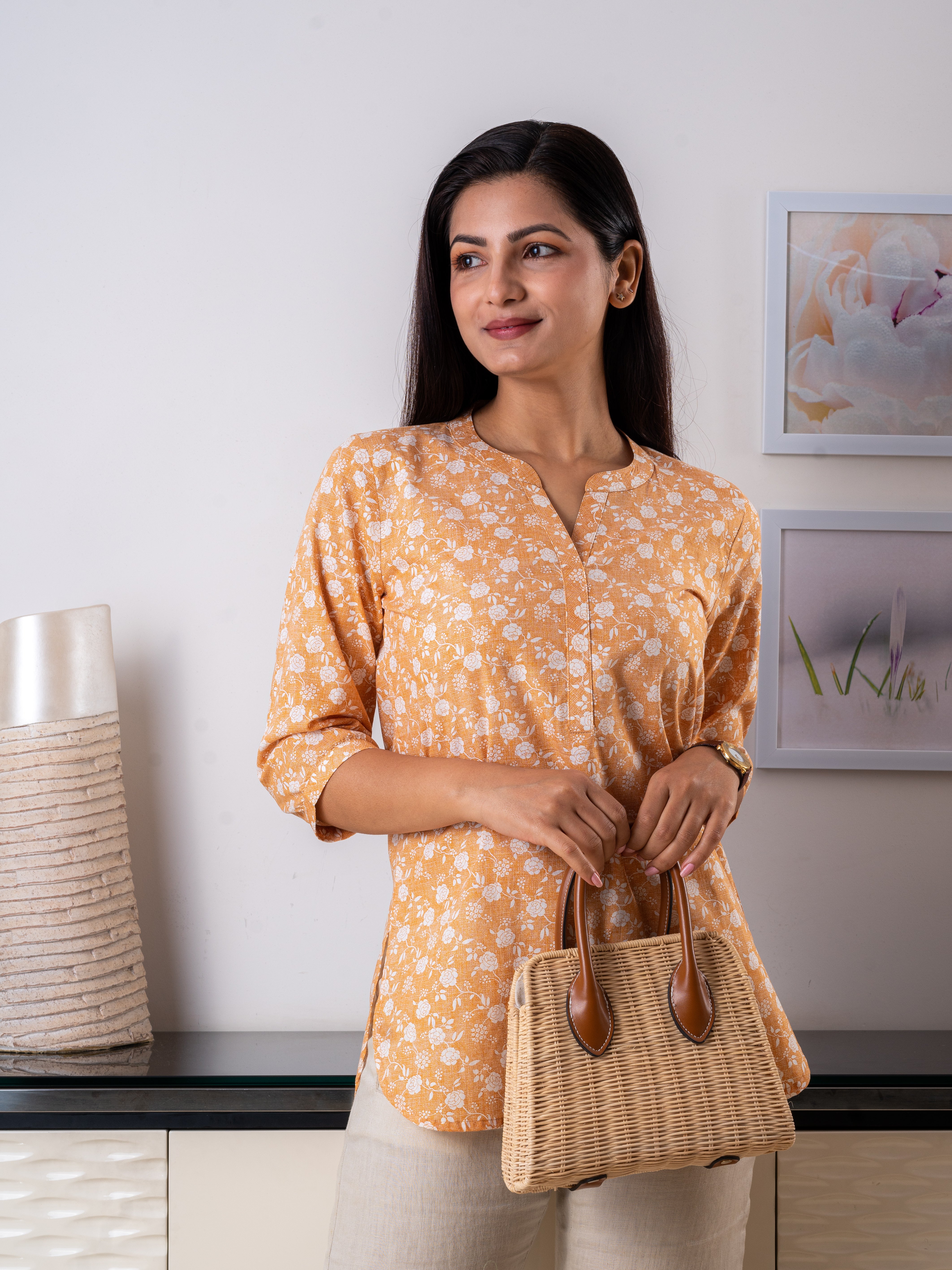 Women's Top in Yellow & Cream Floral Print - Front