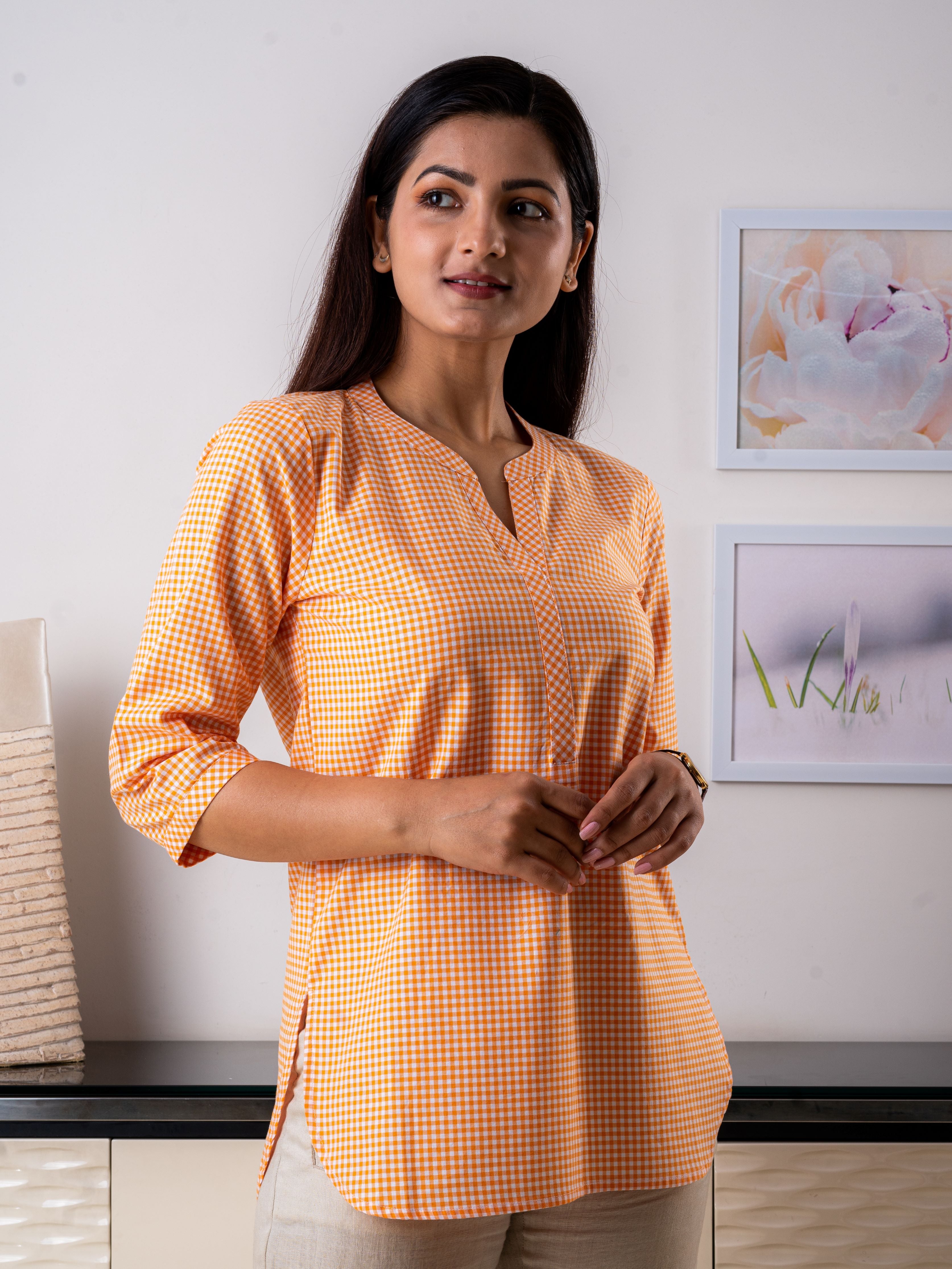 Women's Cotton Tunic in Orange Checks - Front