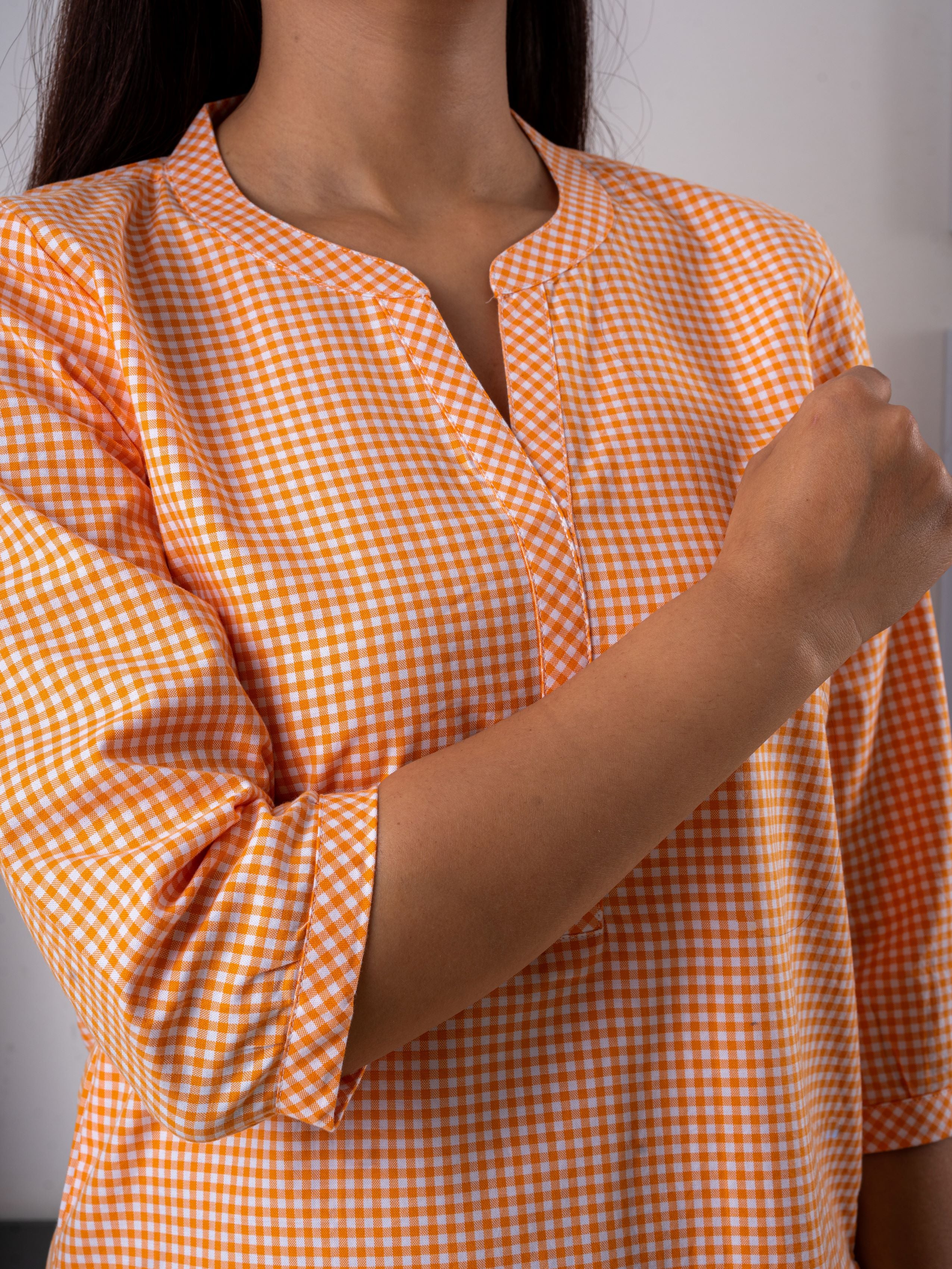 Women's Cotton Tunic in Orange Checks - Close Up