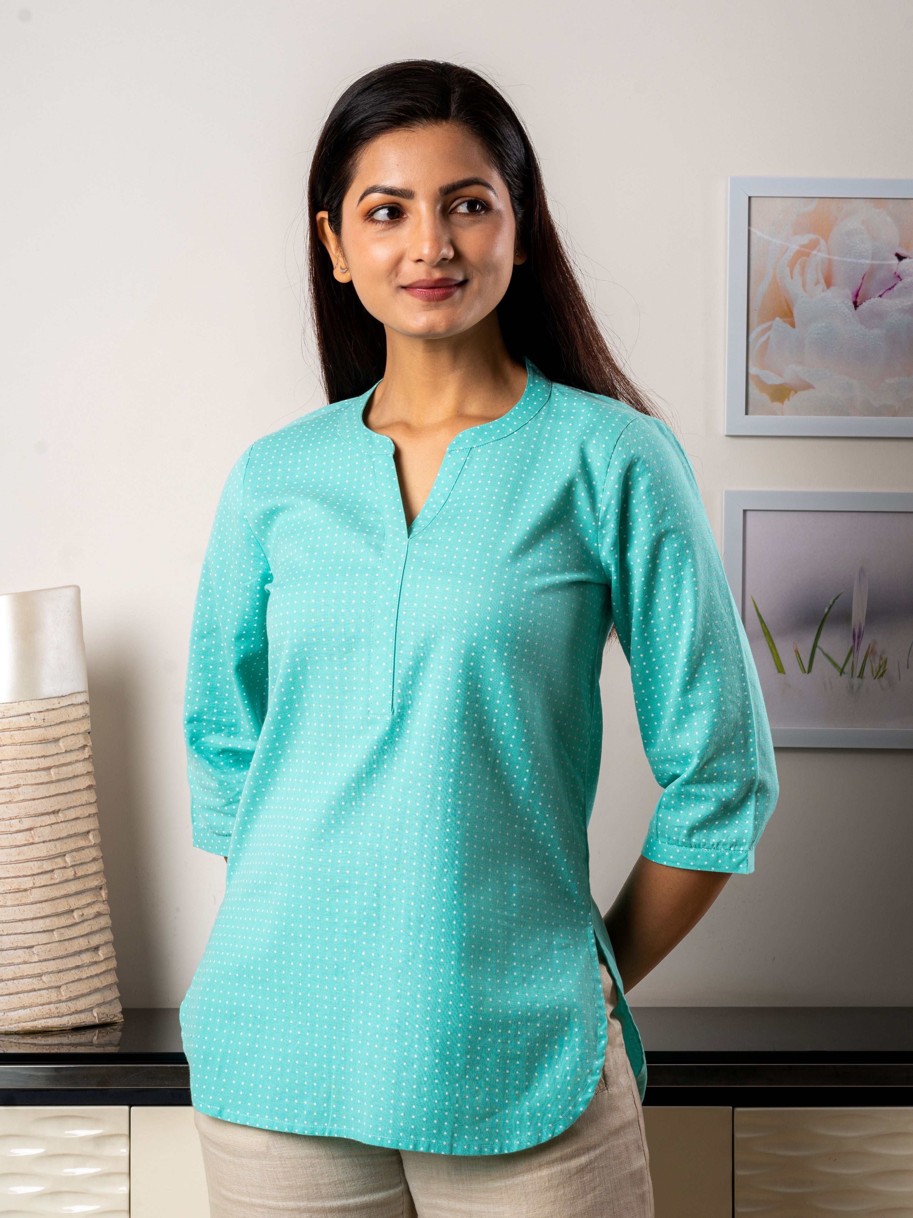 Women's Tunic in Turquoise & Cream Polka Dots - Front 2