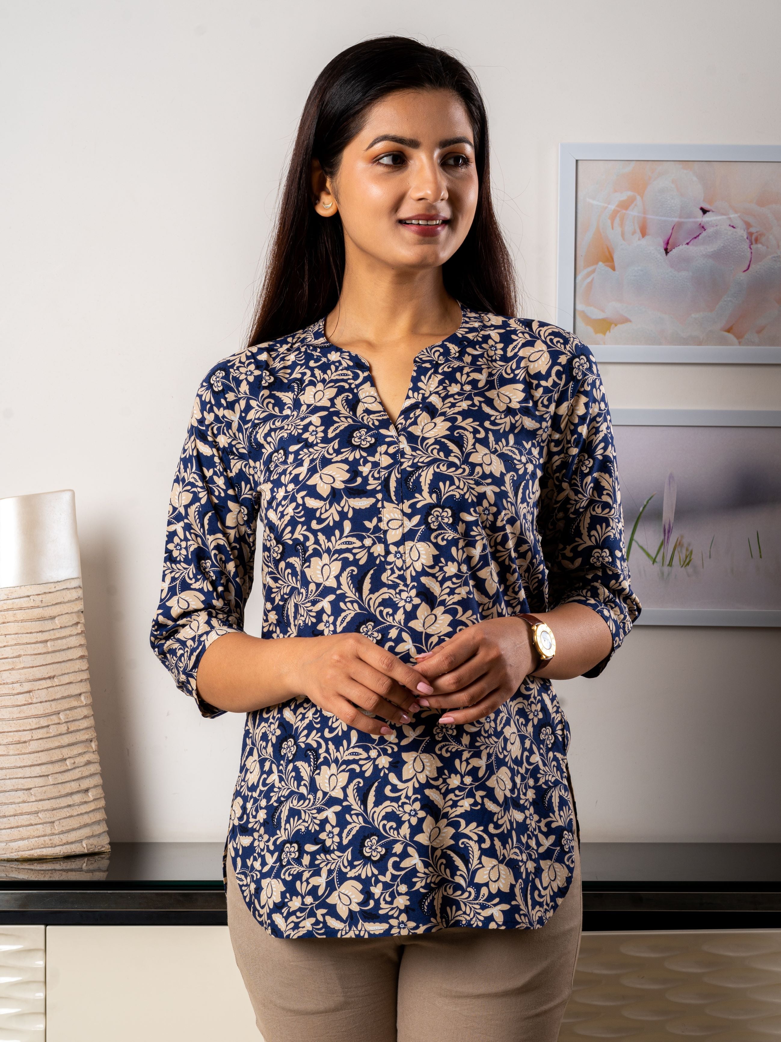 Women's Tunic in Navy & Cream Floral Print - Front