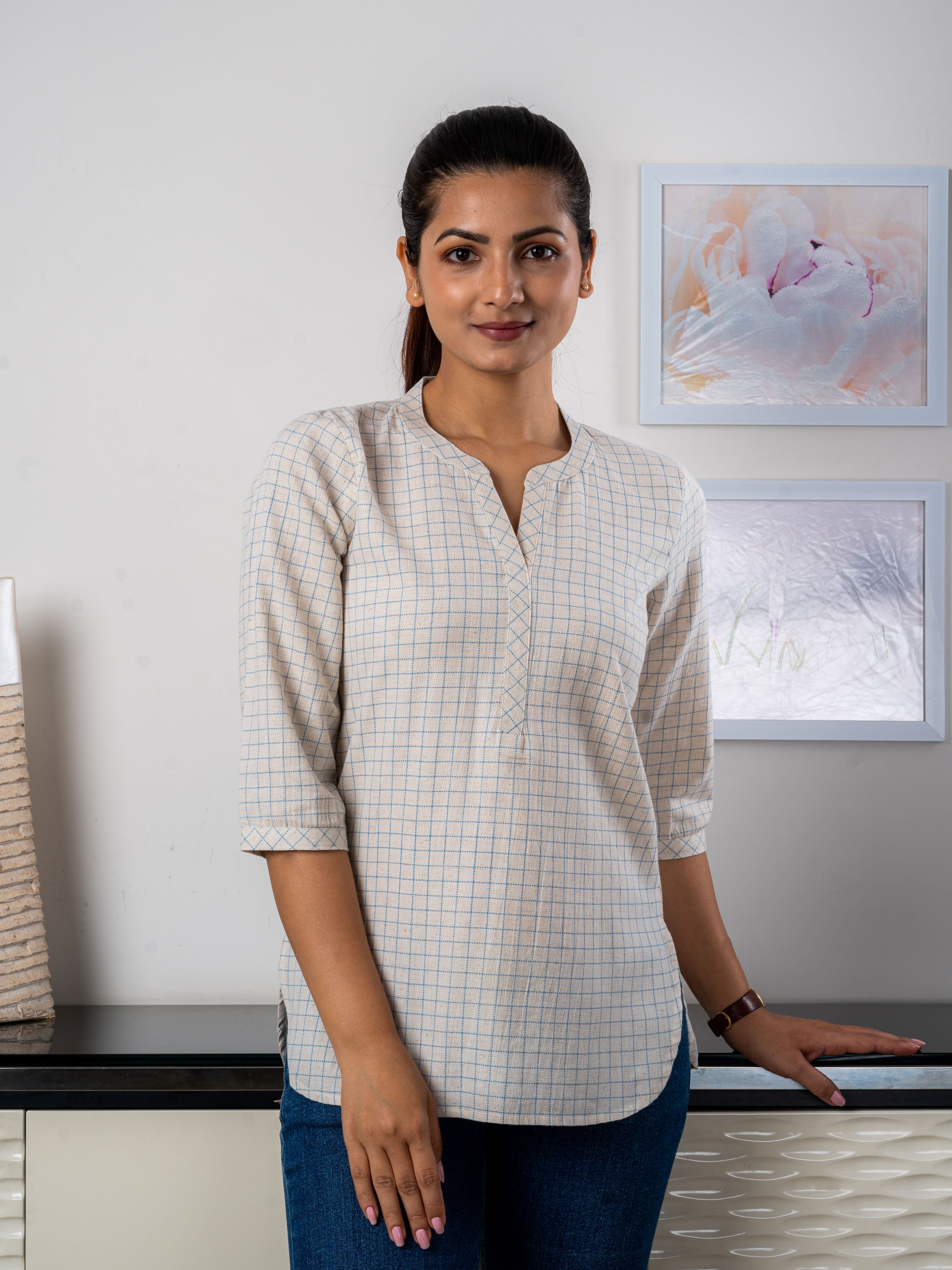 Women's Tunic in Off White Cotton Fabric with fine blue checks - Front