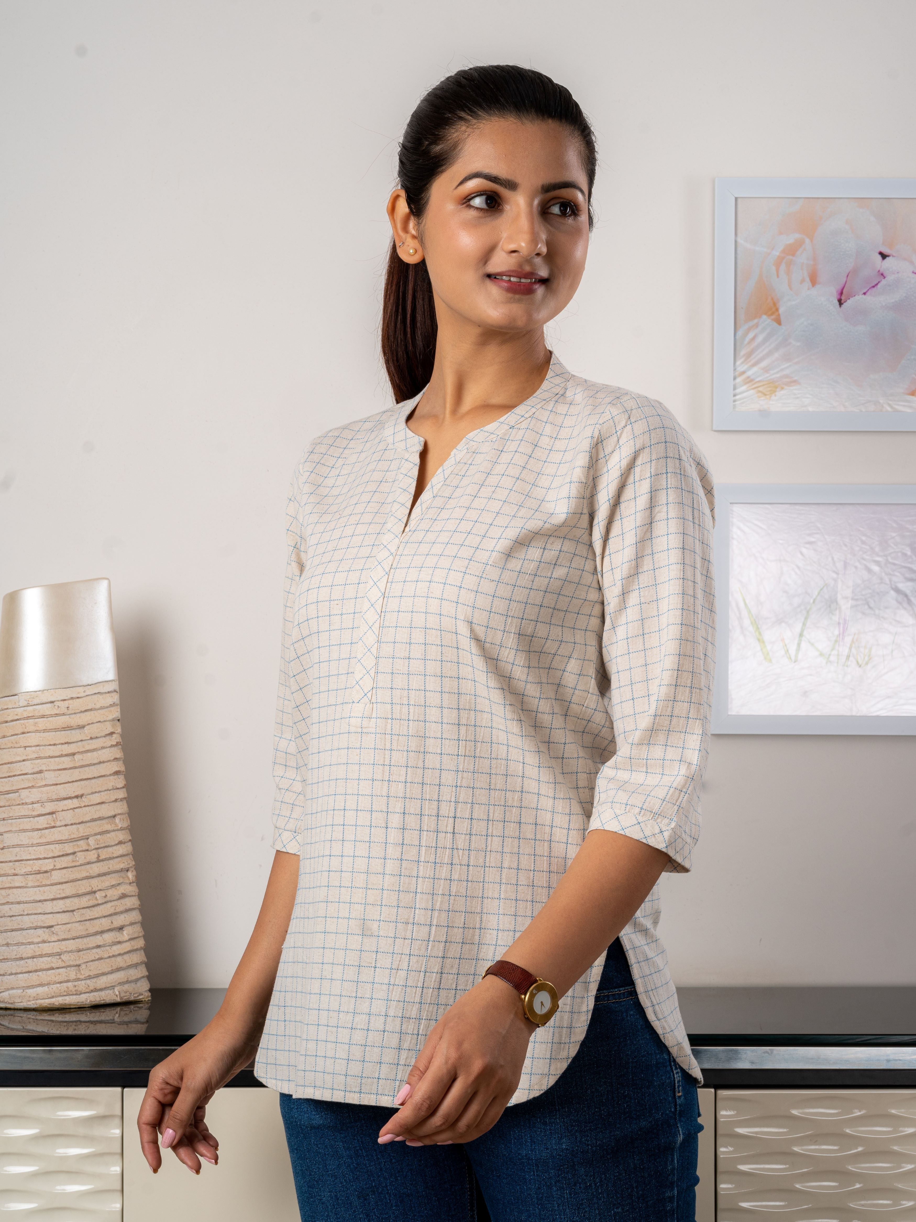 Women's Tunic in Off White Cotton Fabric with fine blue checks - Side