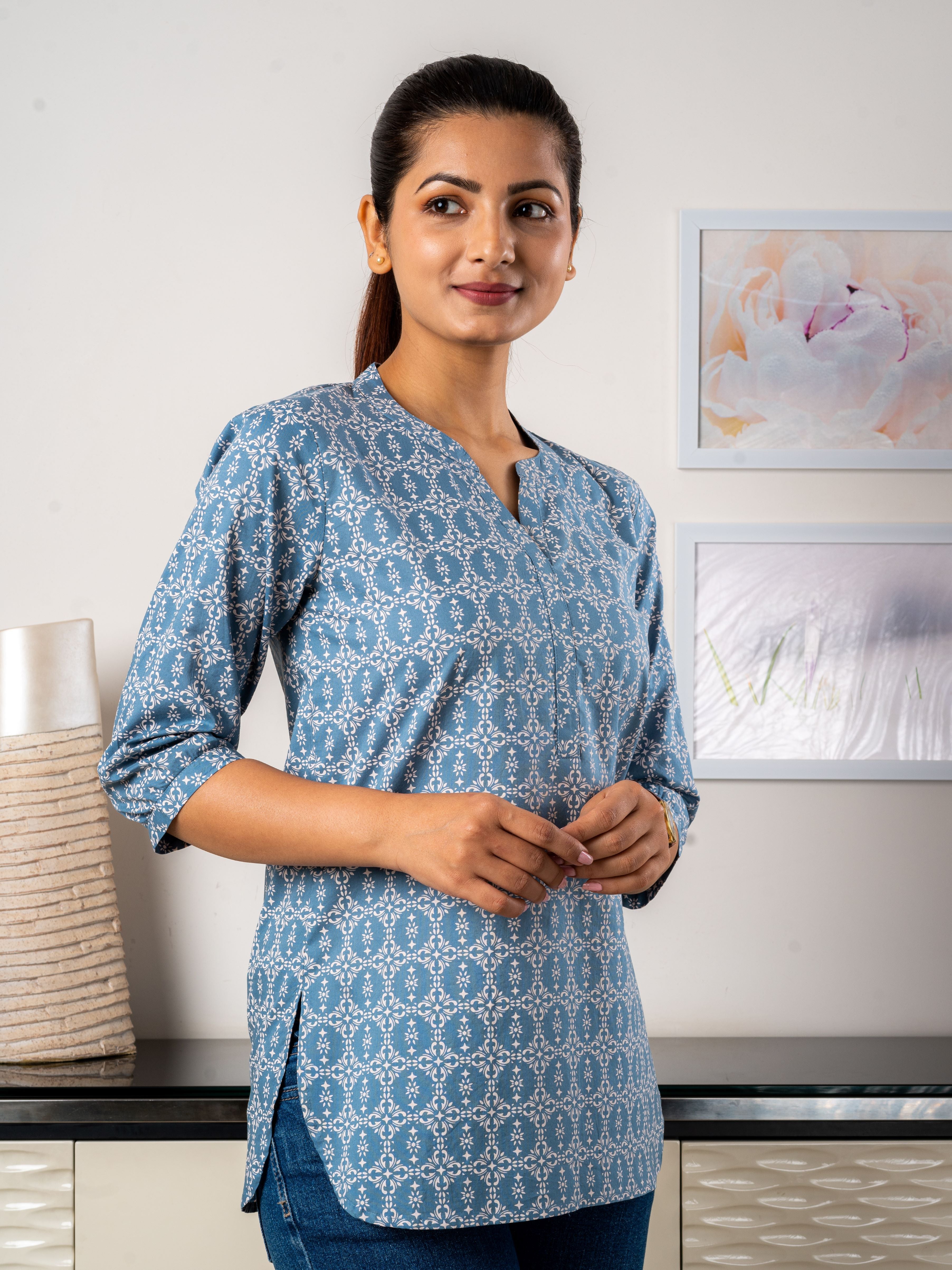 Women's Cotton Tunic in Blue Mosaic Print - Side