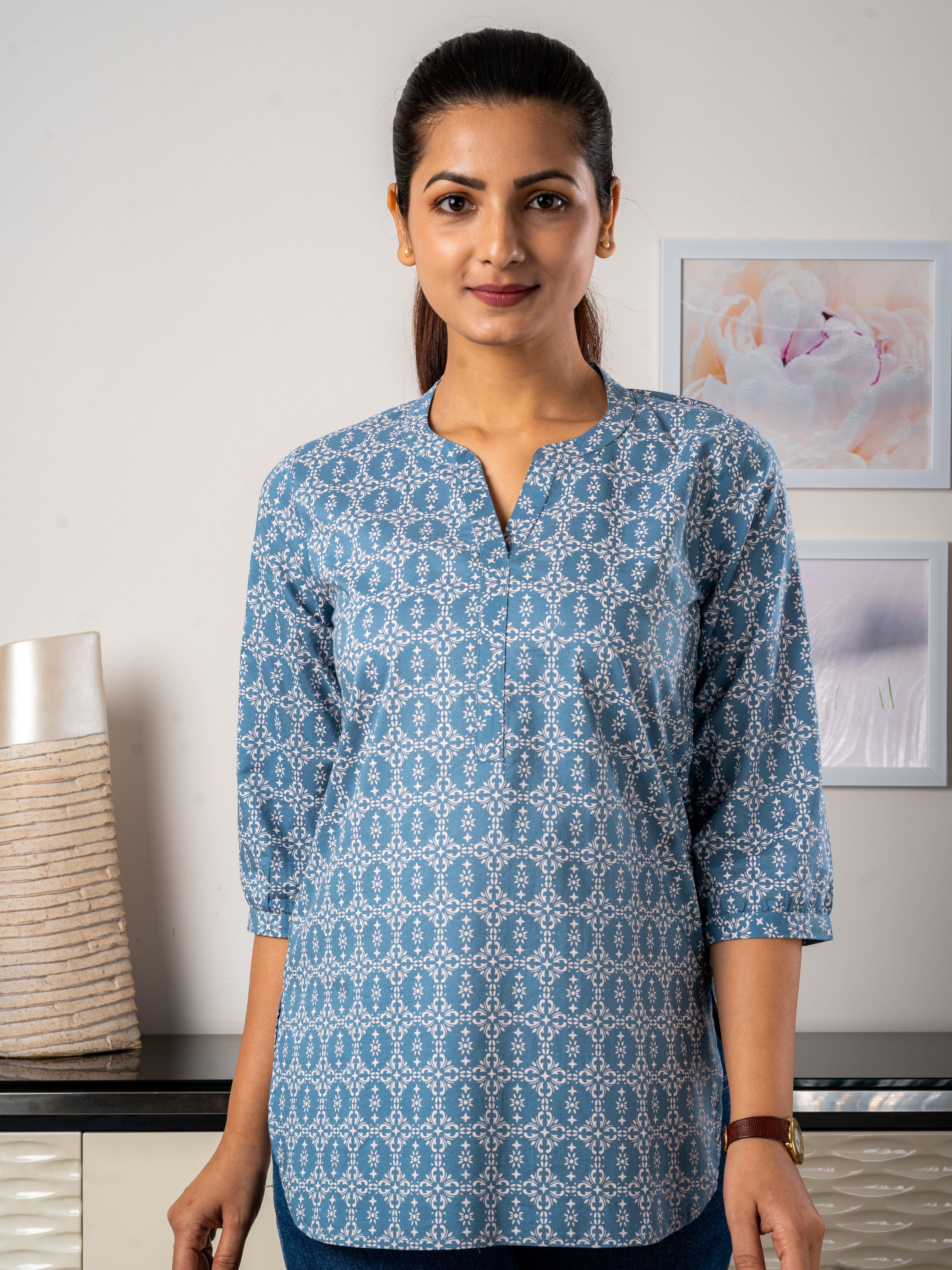 Women's Cotton Tunic in Blue Mosaic Print - Front