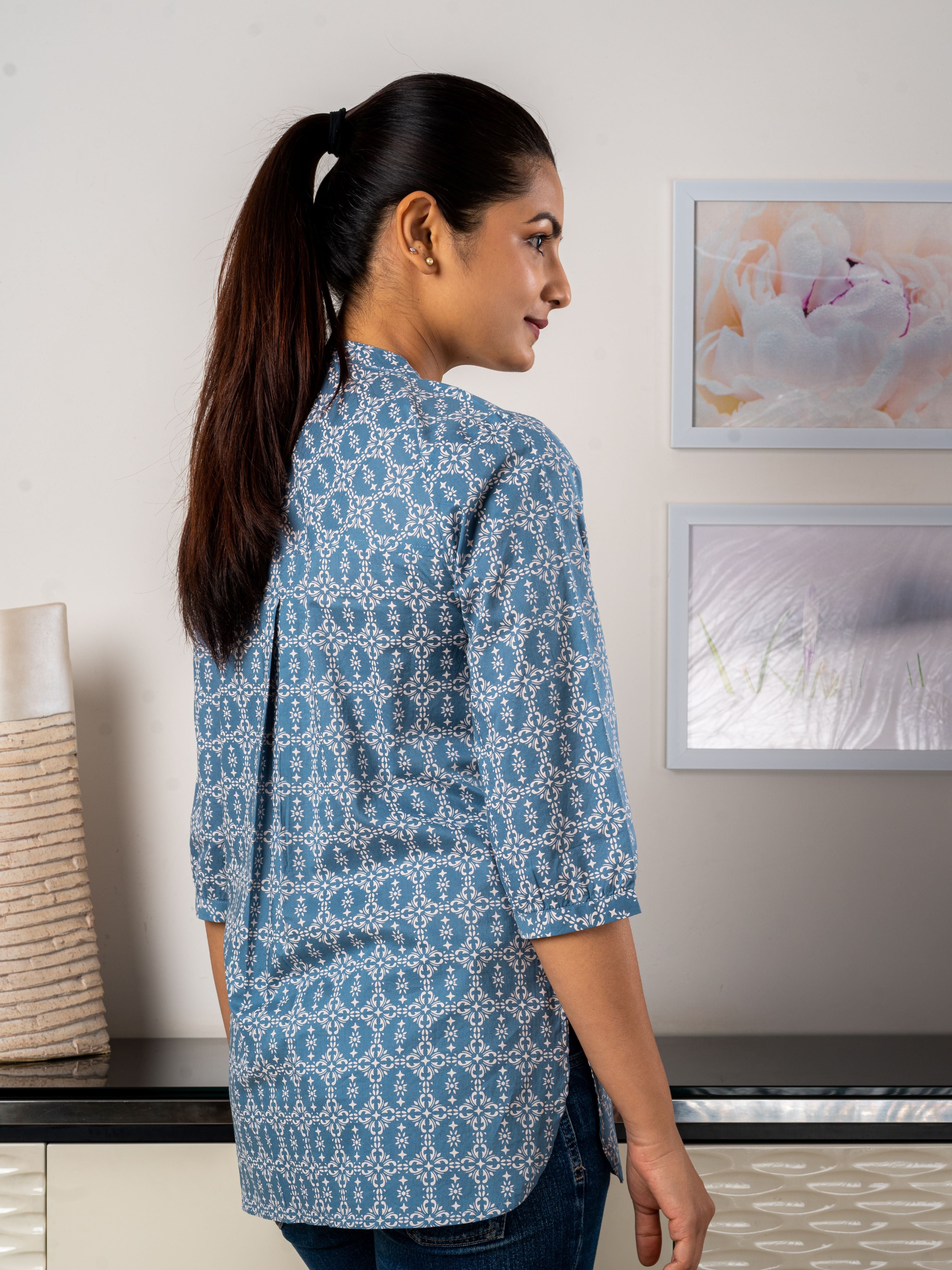 Women's Cotton Tunic in Blue Mosaic Print - Back