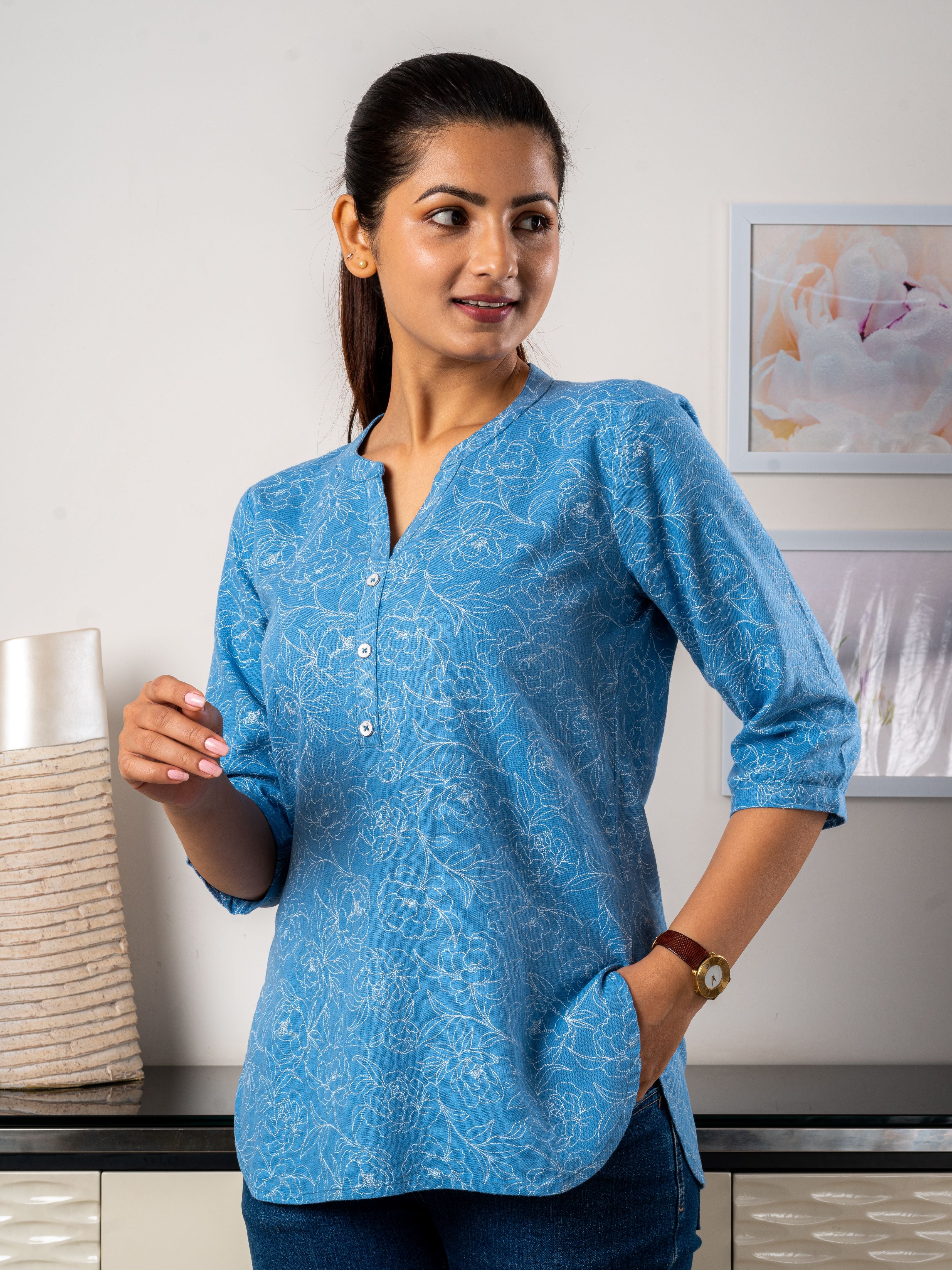 Women's Cotton Tunic In Blue with Cream Floral Print - Side