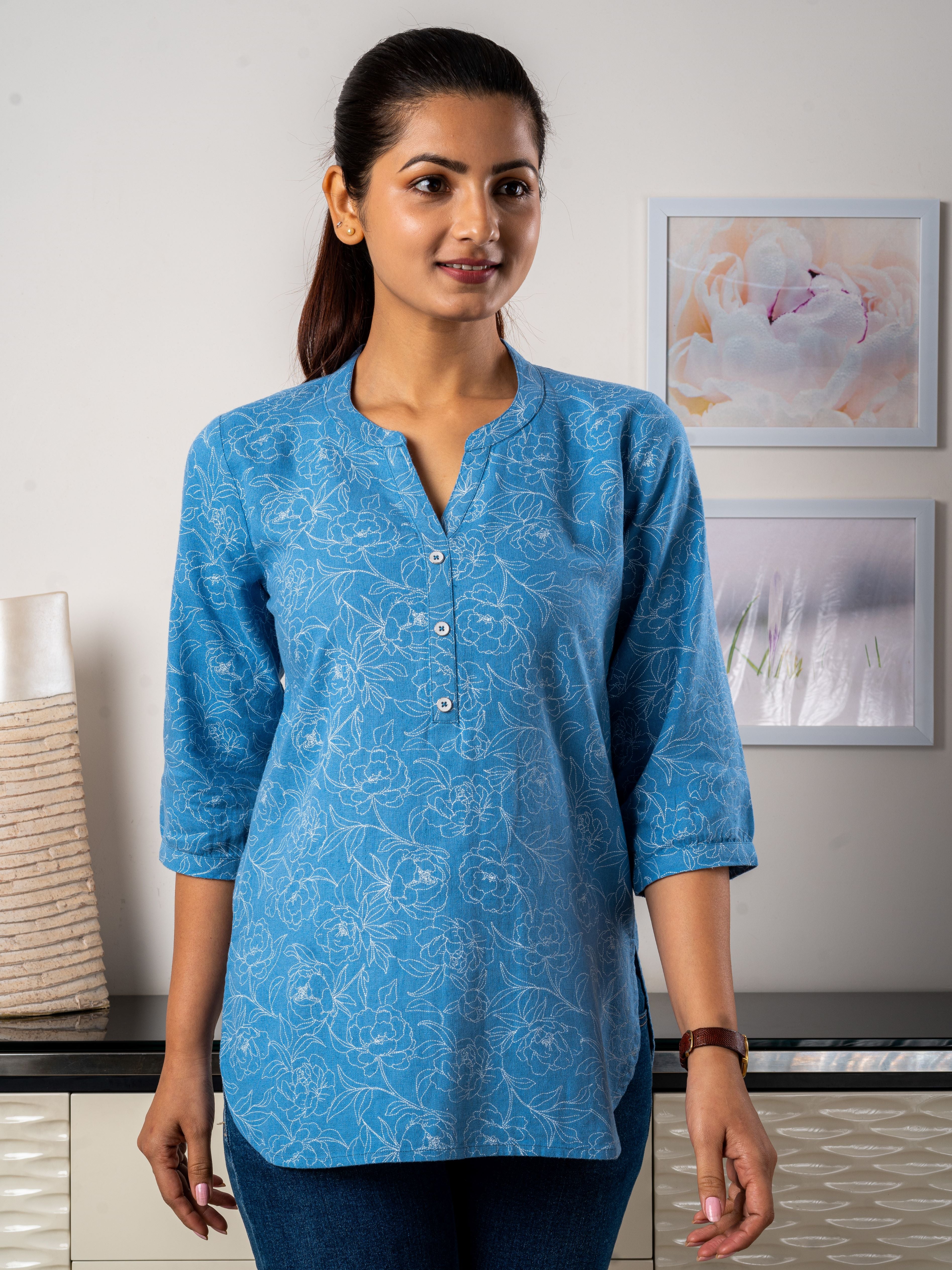 Women's Cotton Tunic In Blue with Cream Floral Print - Front