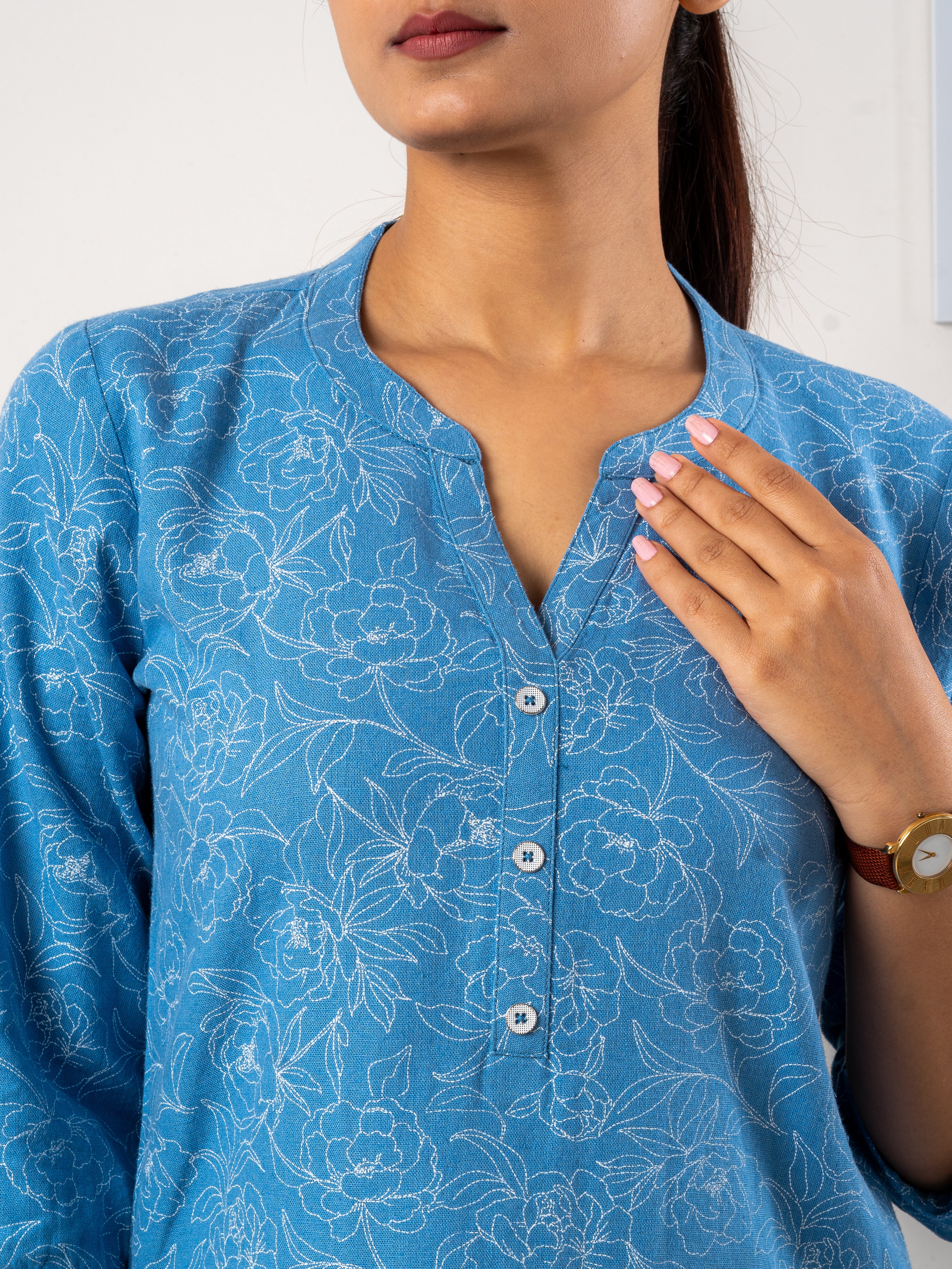 Women's Cotton Tunic In Blue with Cream Floral Print - Close Up