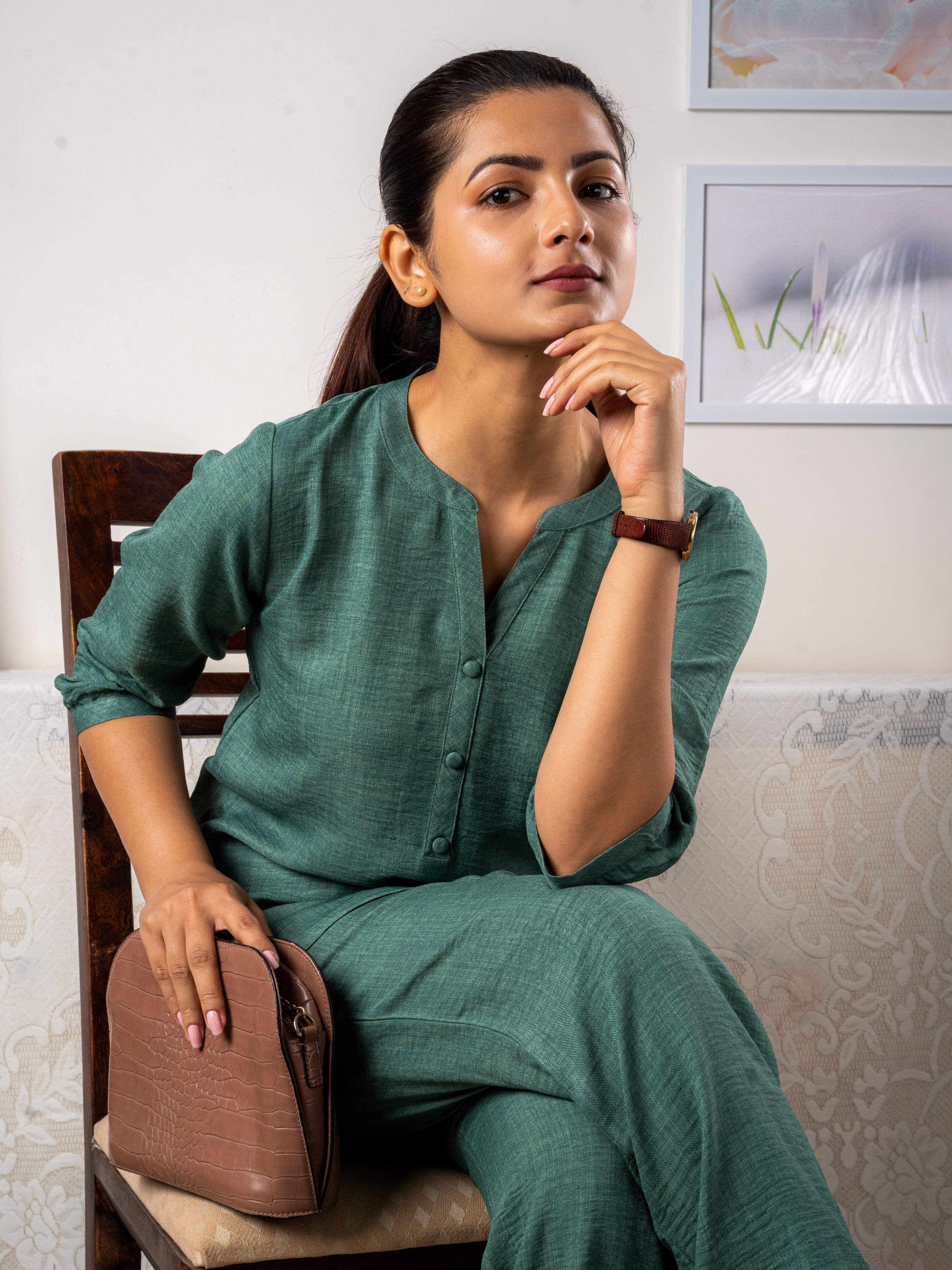 Women's Co-ord Set in Emerald Green - Sitting