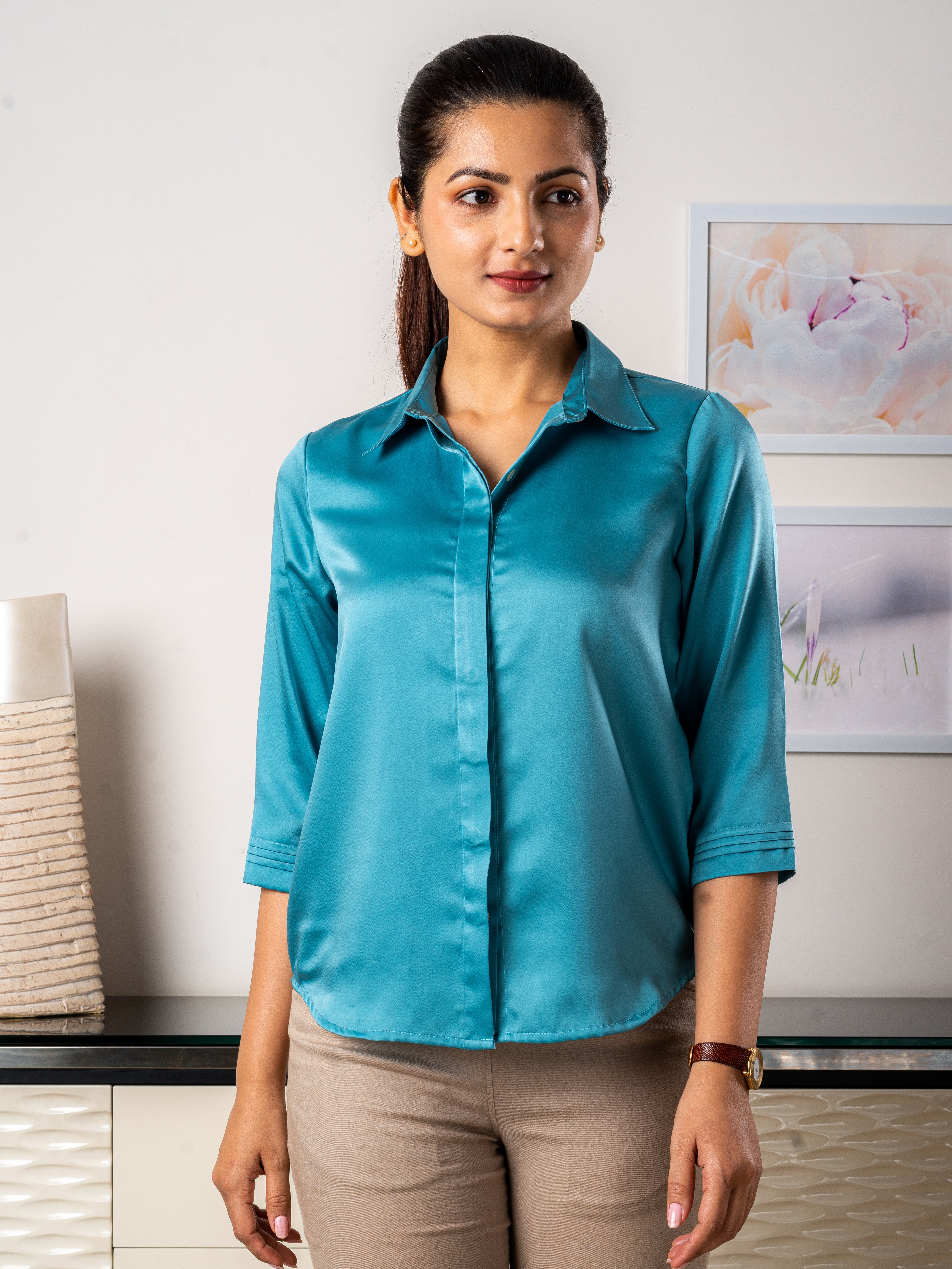 Women's Satin Shirt In Turquoise Blue - Front