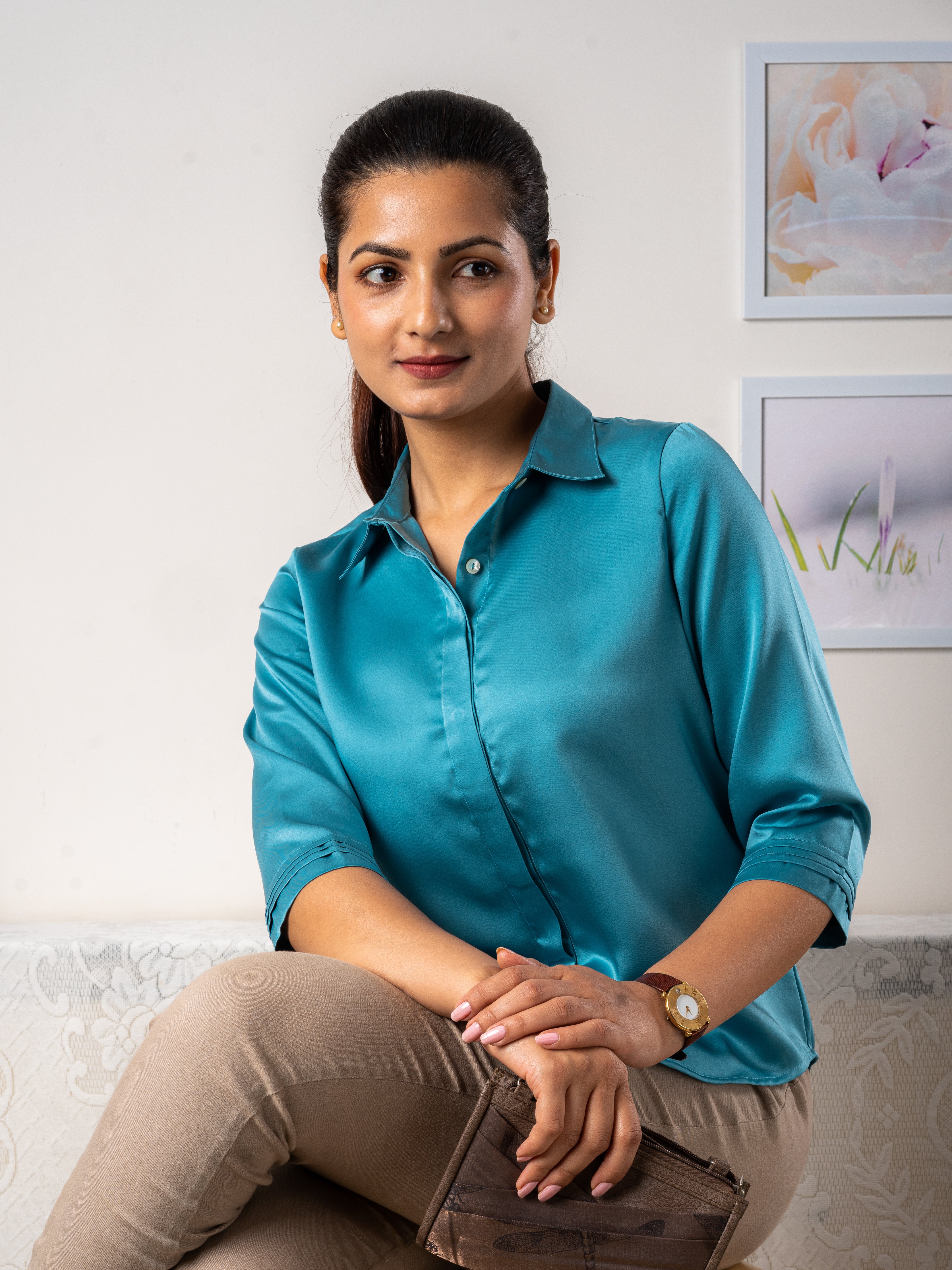 Women's Satin Shirt In Turquoise Blue - Sitting