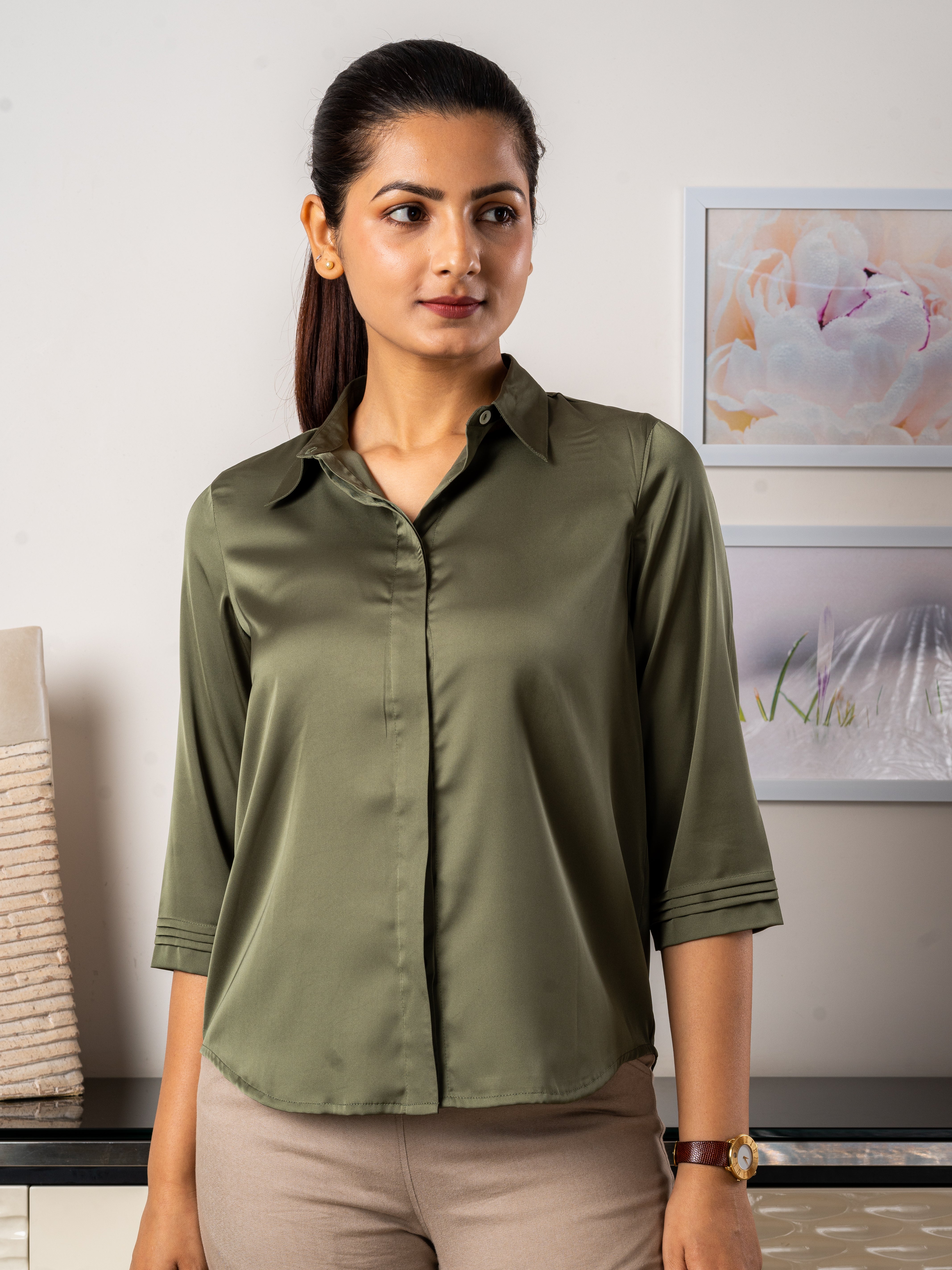 Women's Satin Shirt In Olive Green - Front