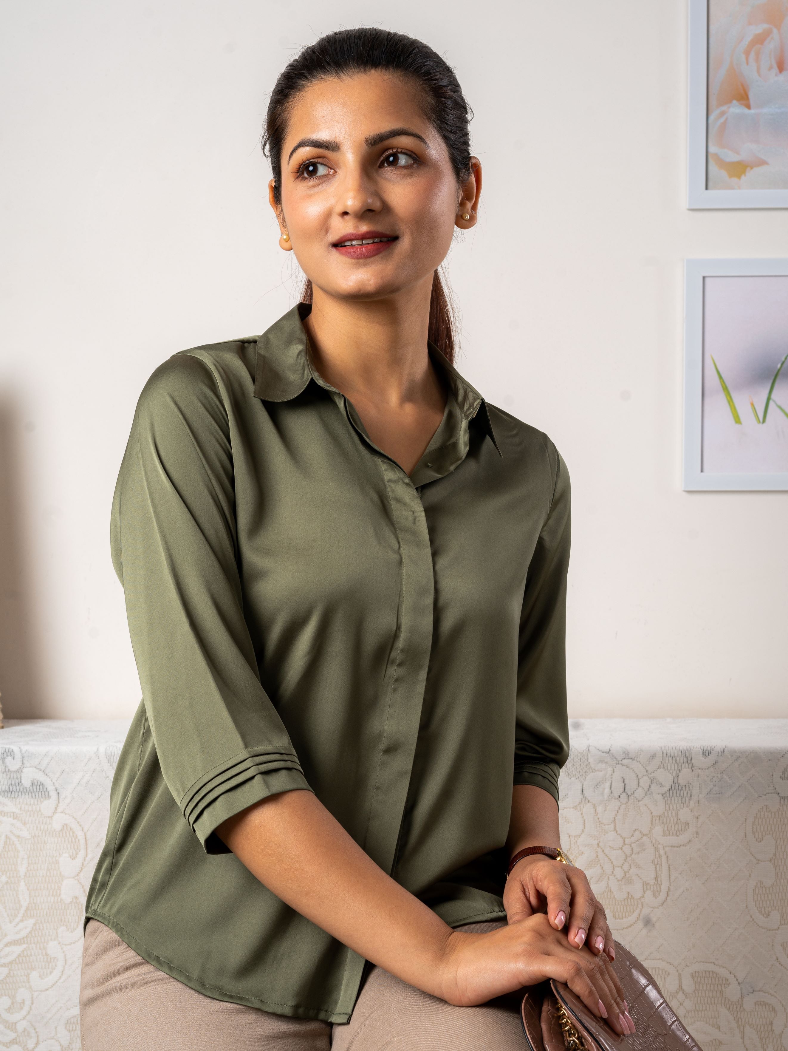 Women's Satin Shirt In Olive Green - Sitting