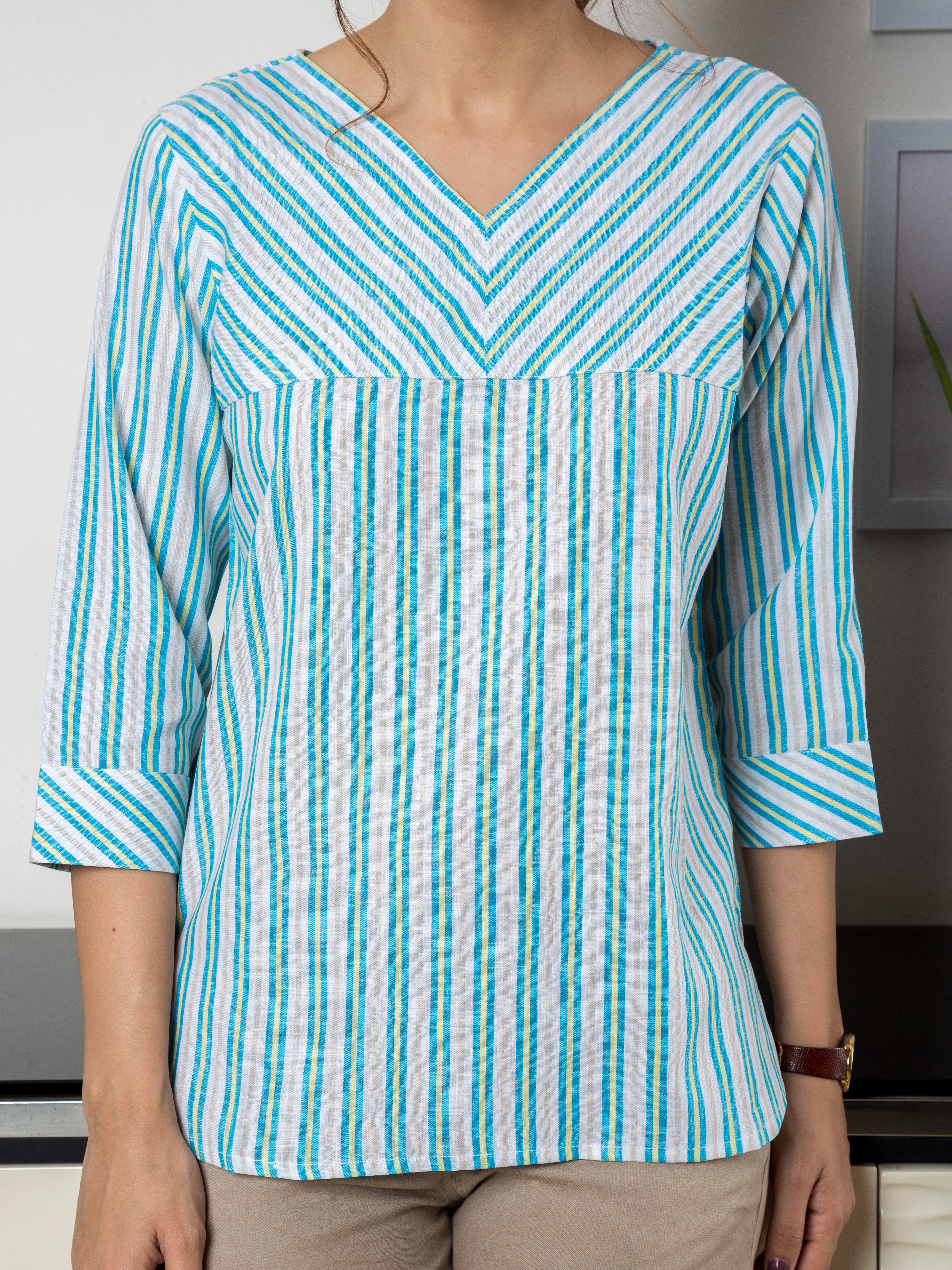 Women's Cotton Top in Blue Stripes - Close Up