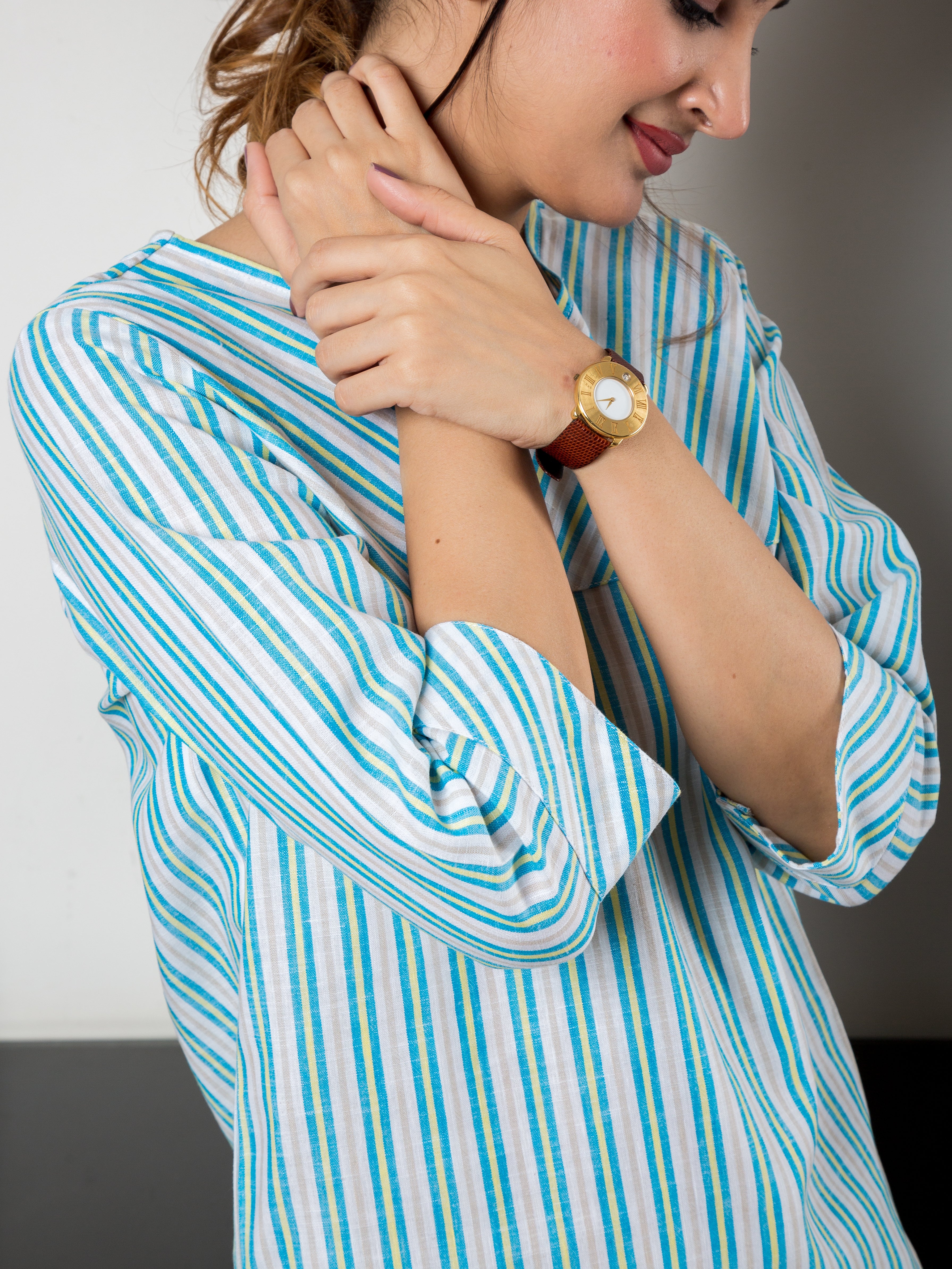 Women's Cotton Top in Blue Stripes - Close Up 2