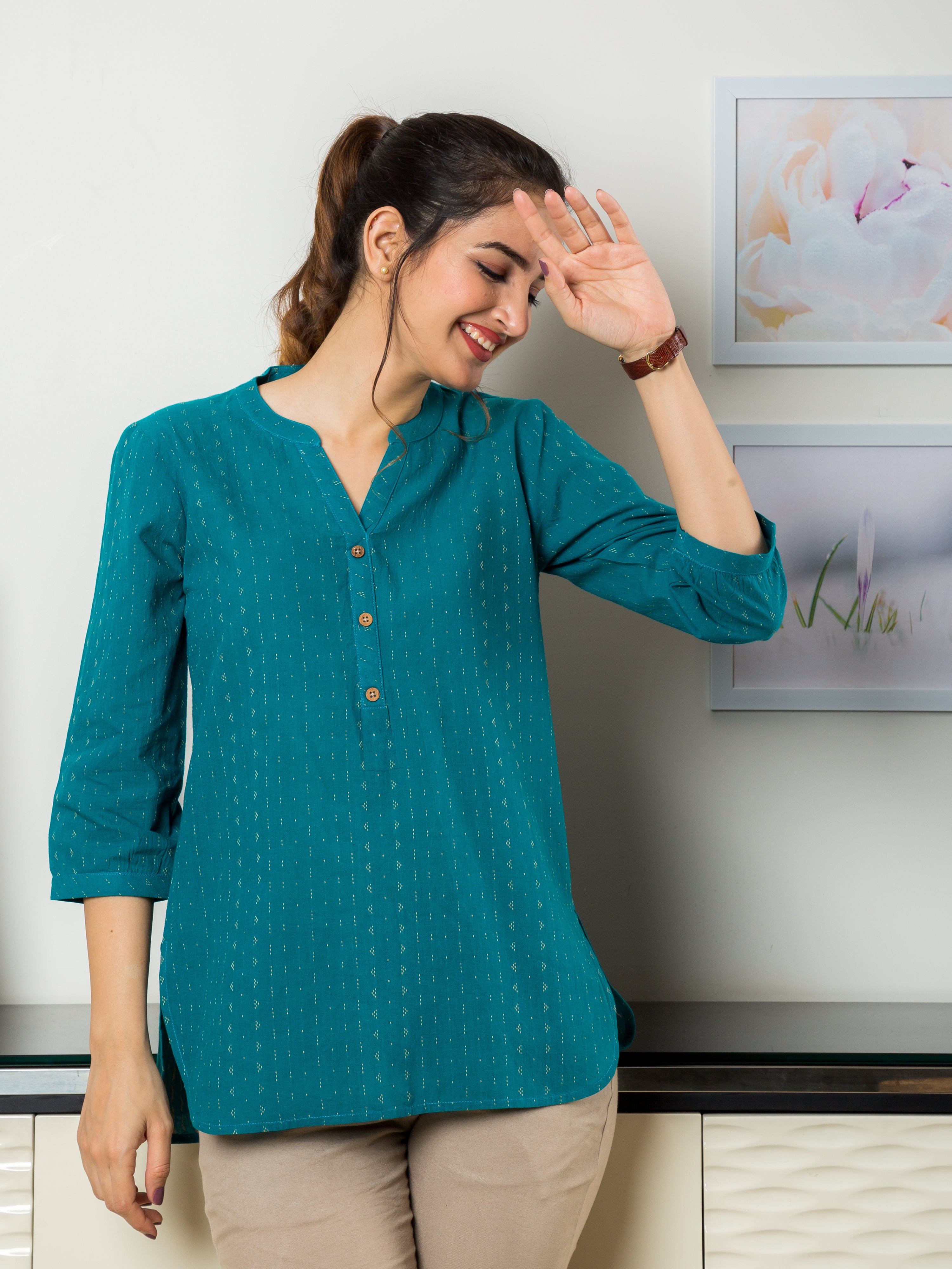 Women's Tunic in Teal & Intricate Embroidery - Front
