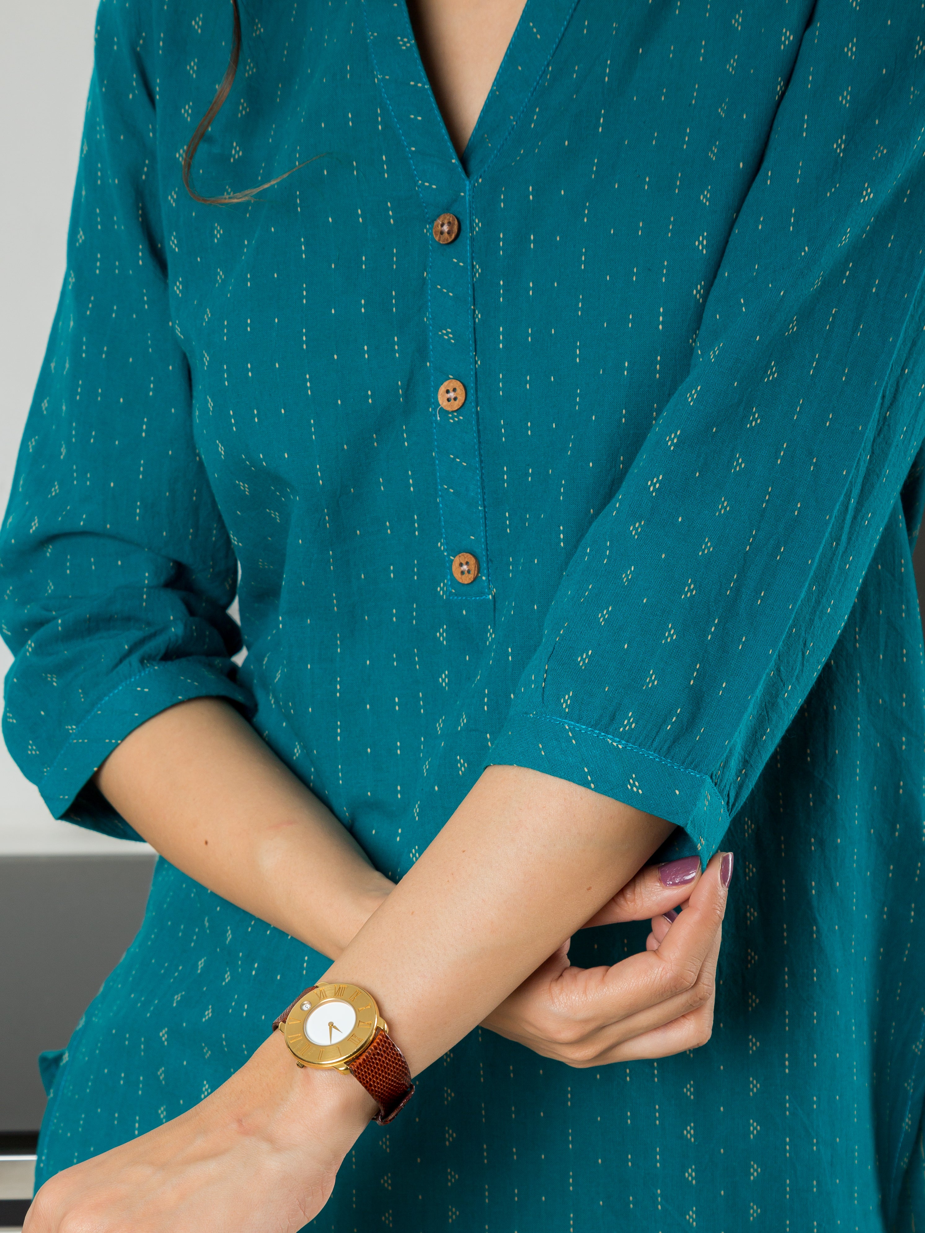 Women's Tunic in Teal & Intricate Embroidery - Close Up
