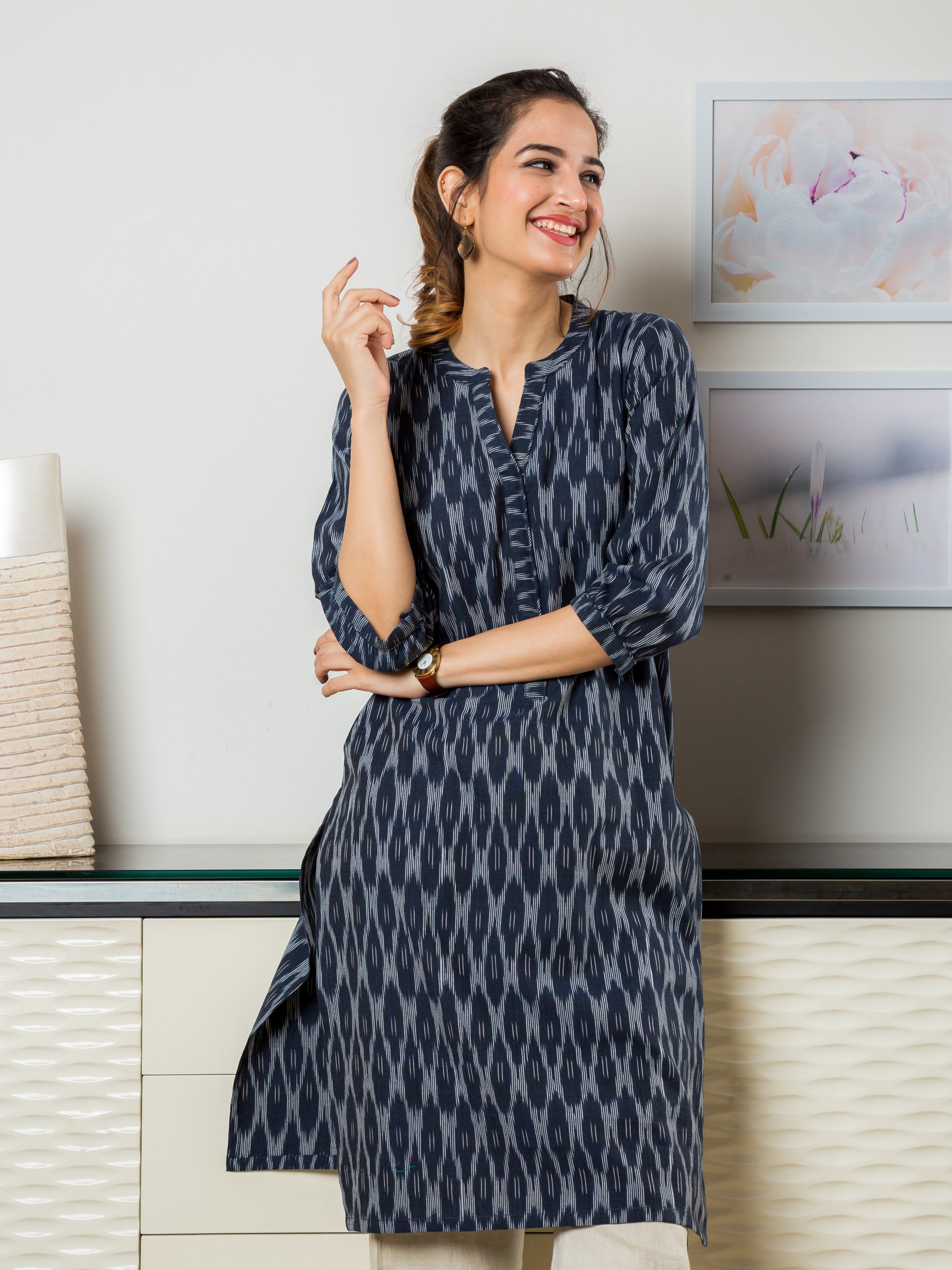 Women's Long Tunic in Blue and White Ikkat - Front