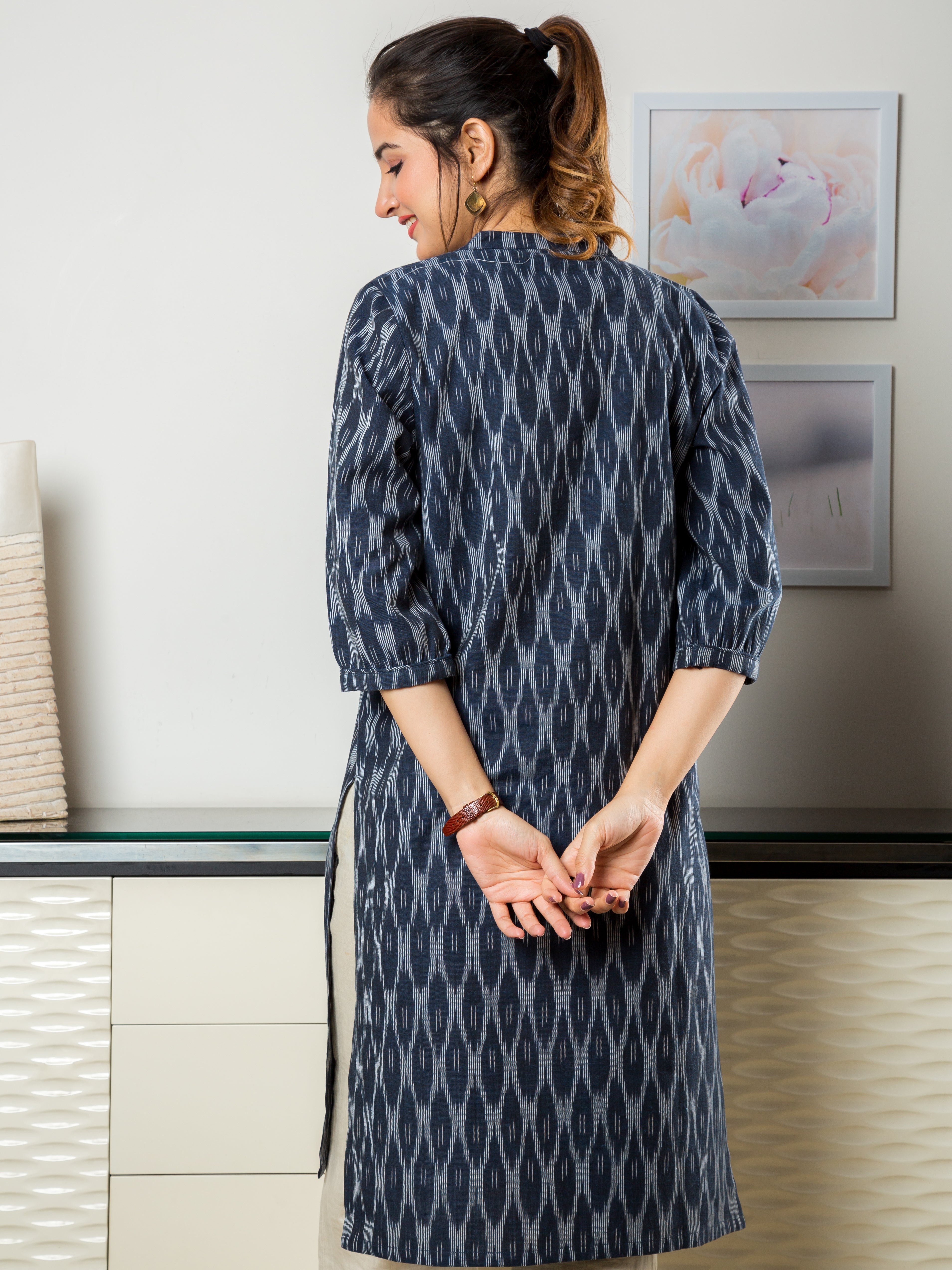 Women's Long Tunic in Blue and White Ikkat - Back
