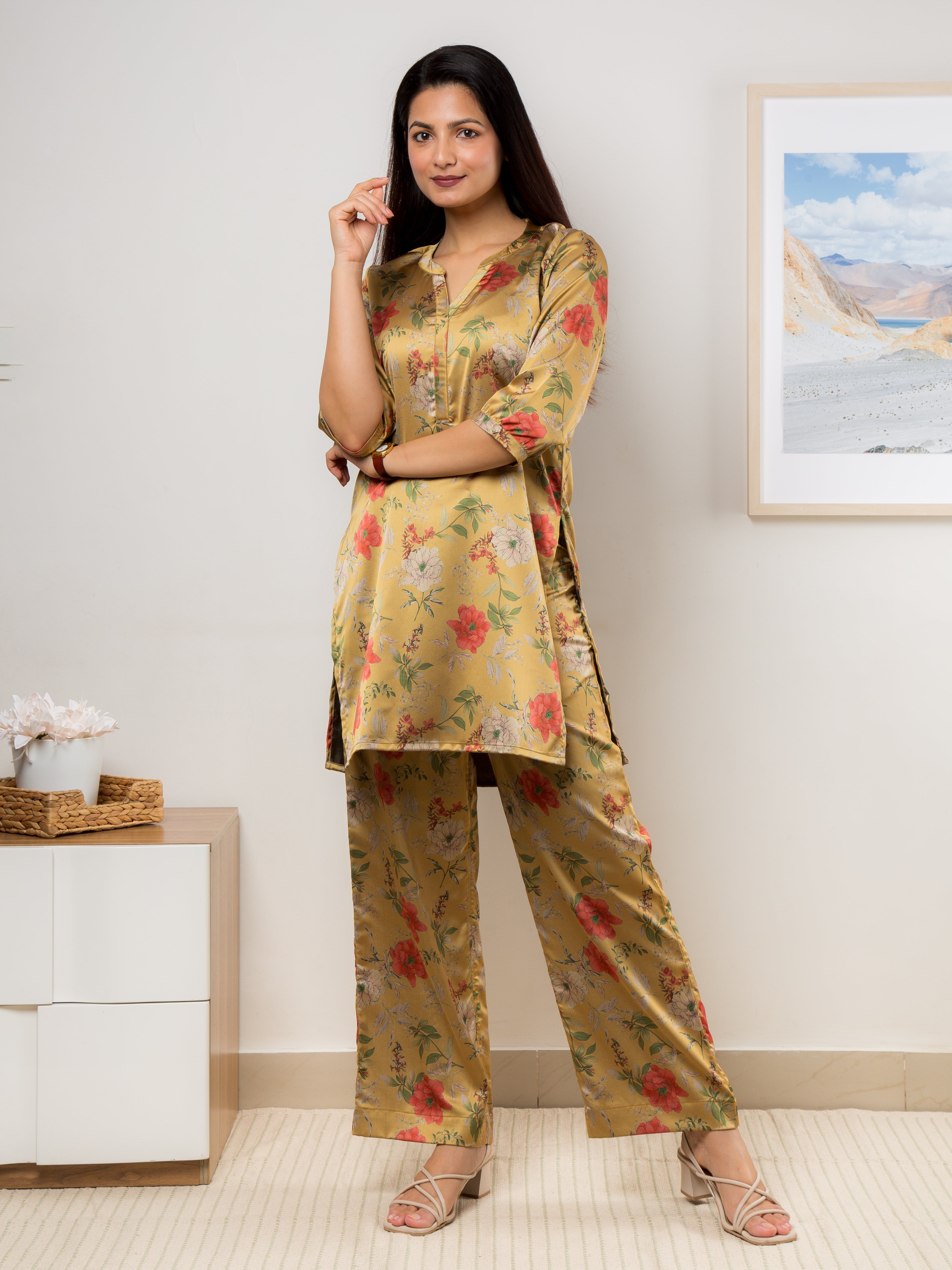 Women's Satin Co-ord Set in Yellow & Red Floral Print - Front