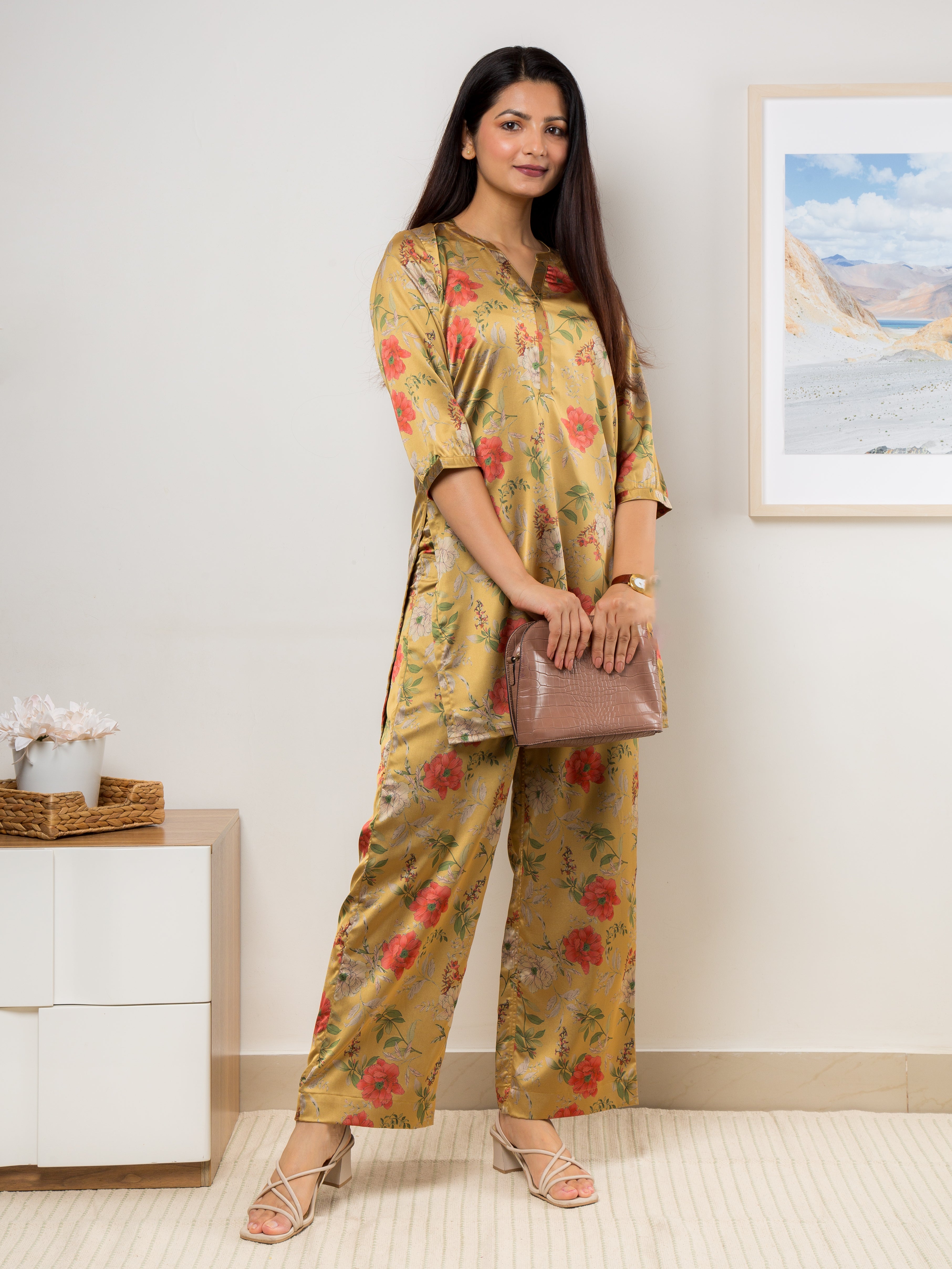 Women's Satin Co-ord Set in Yellow & Red Floral Print - Side
