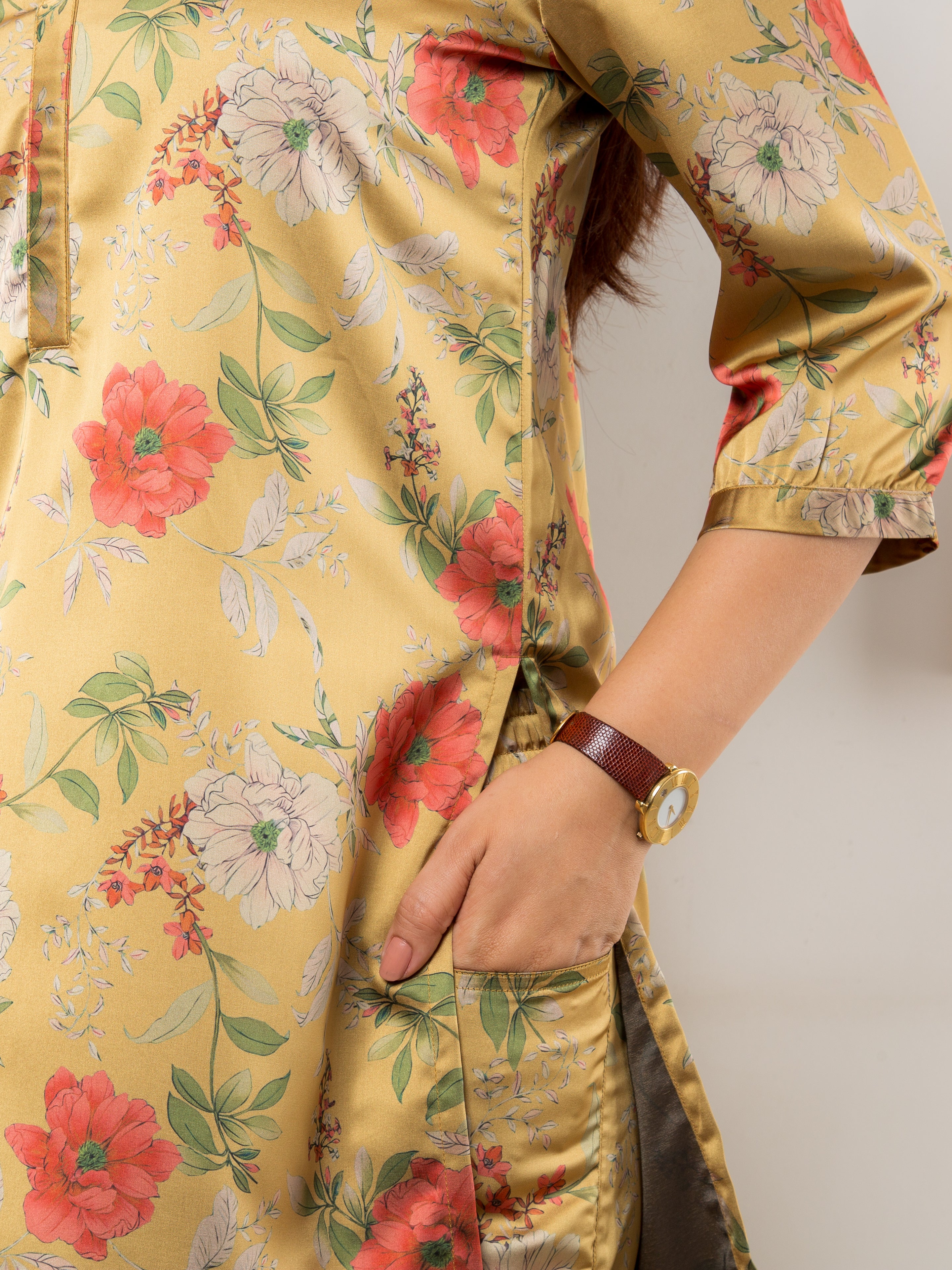 Women's Satin Co-ord Set in Yellow & Red Floral Print - Close Up