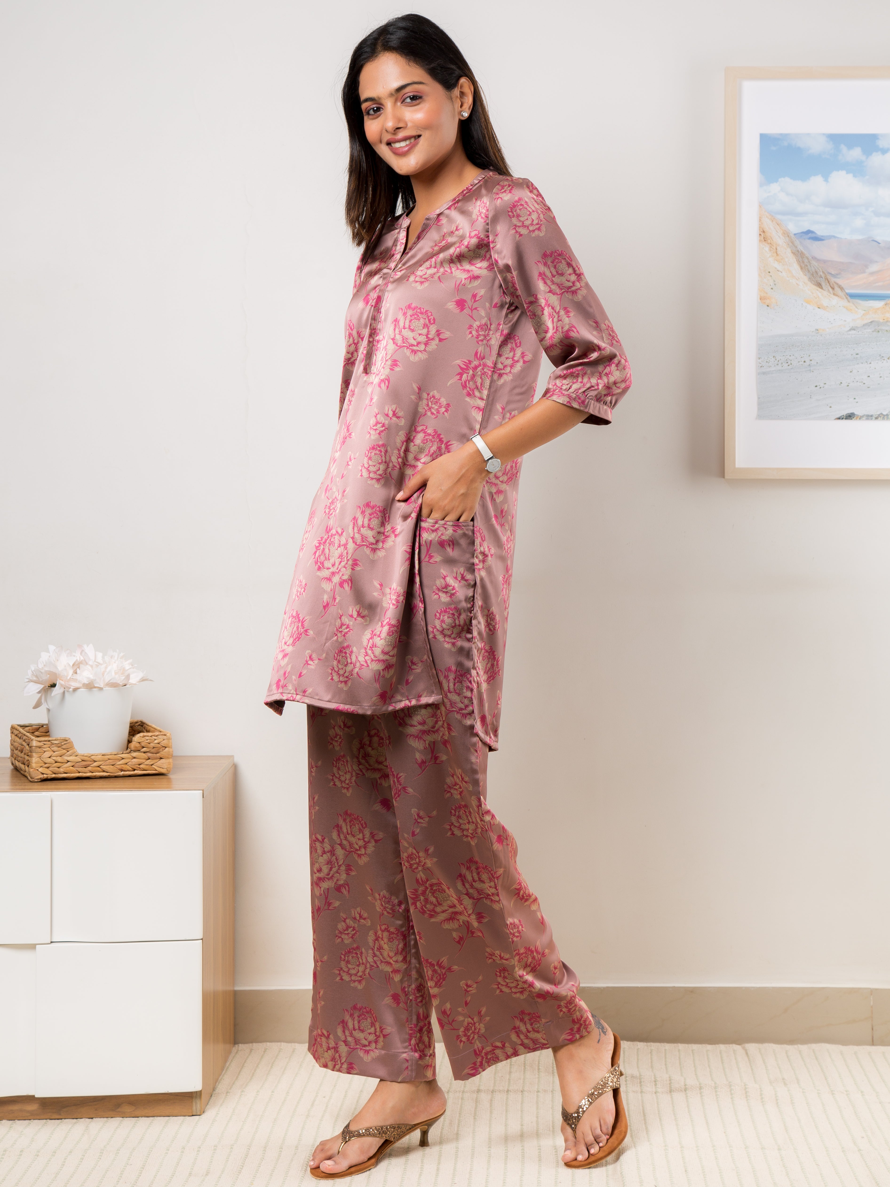 Women's Satin Co-ord Set in Pink Rose Floral Print - Side