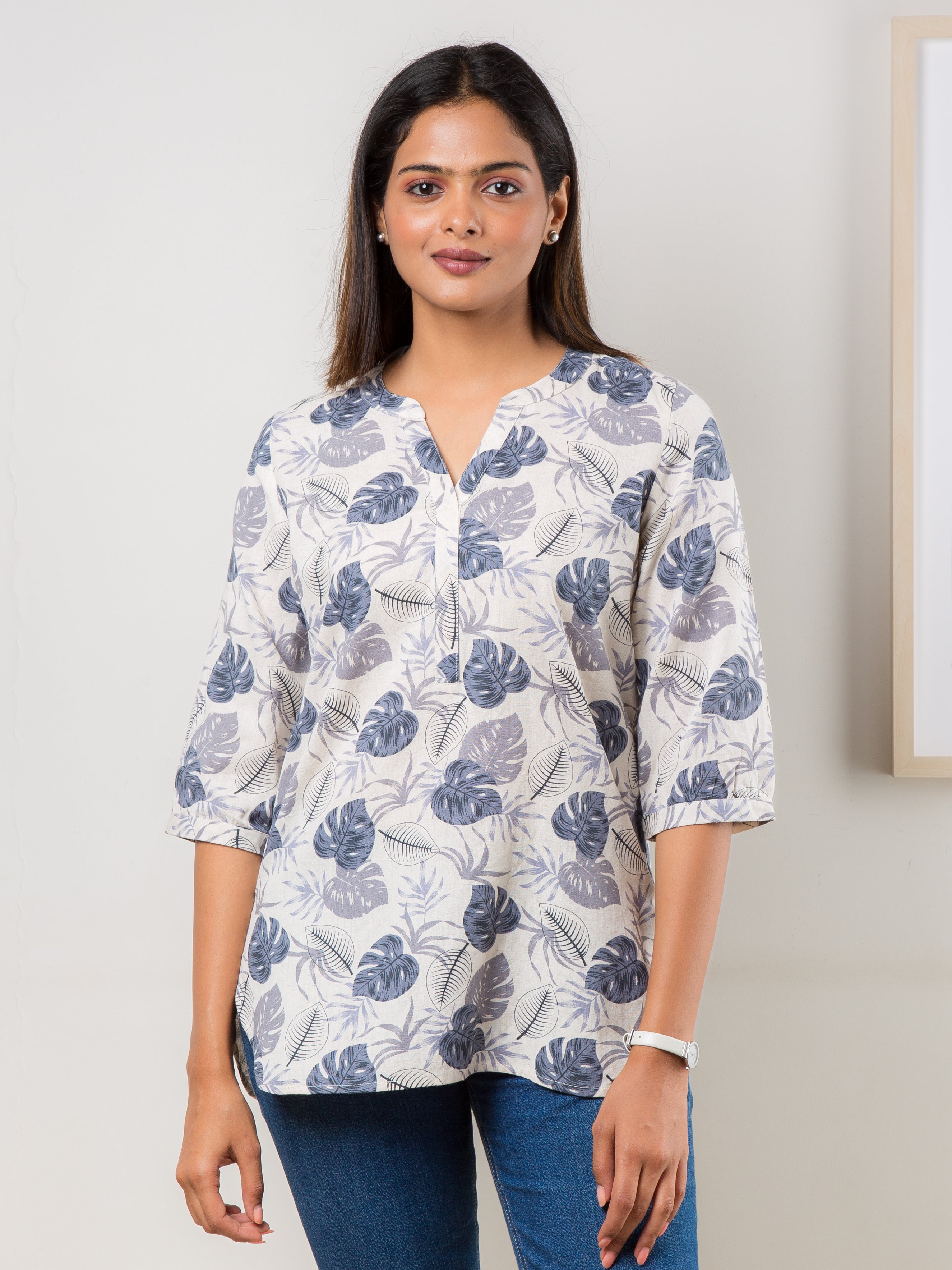 Women's Tunic in Blue Foliage Print - Front
