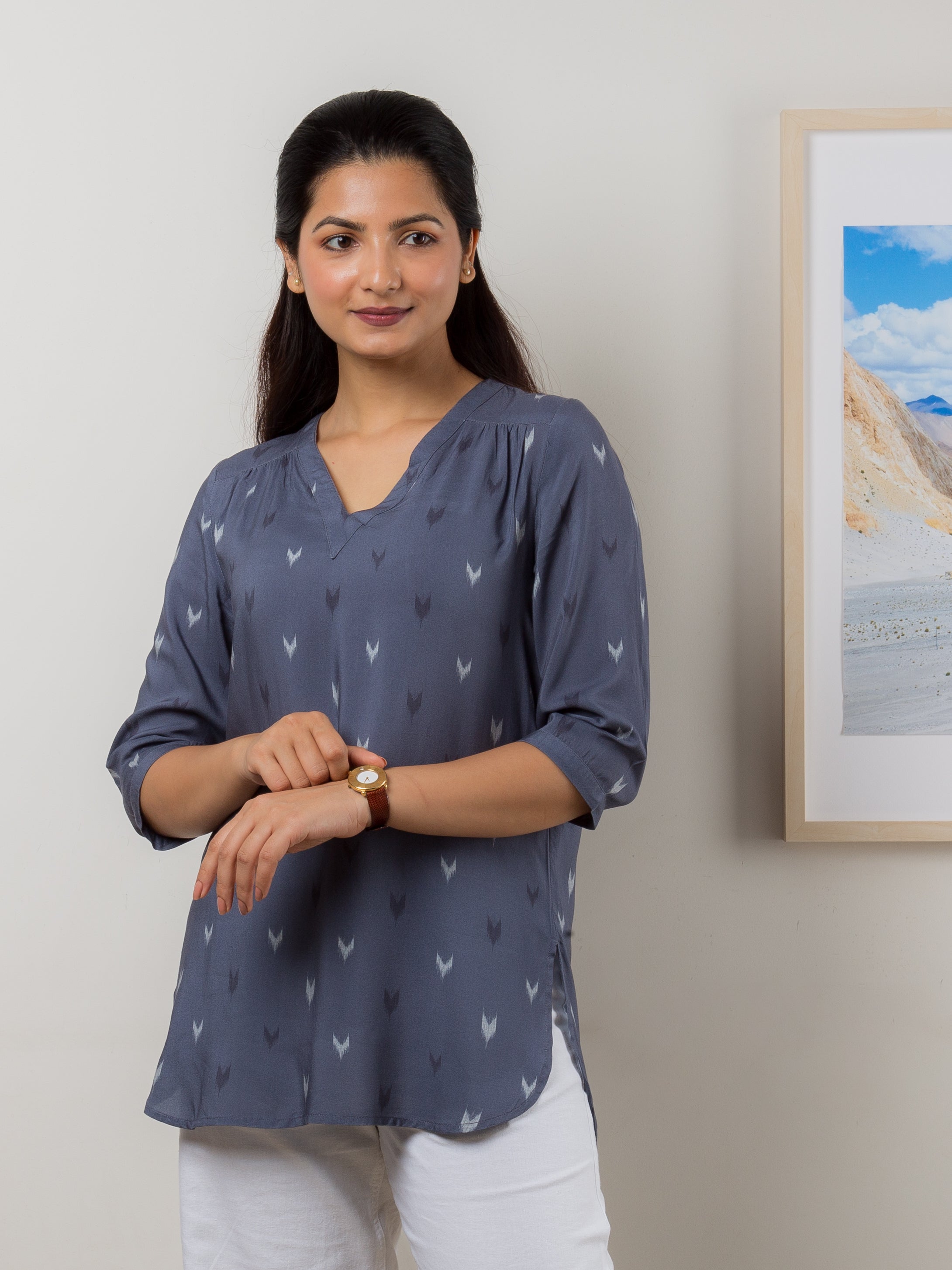 Women's Cotton Tunic in Blue V-Neck - Front 2