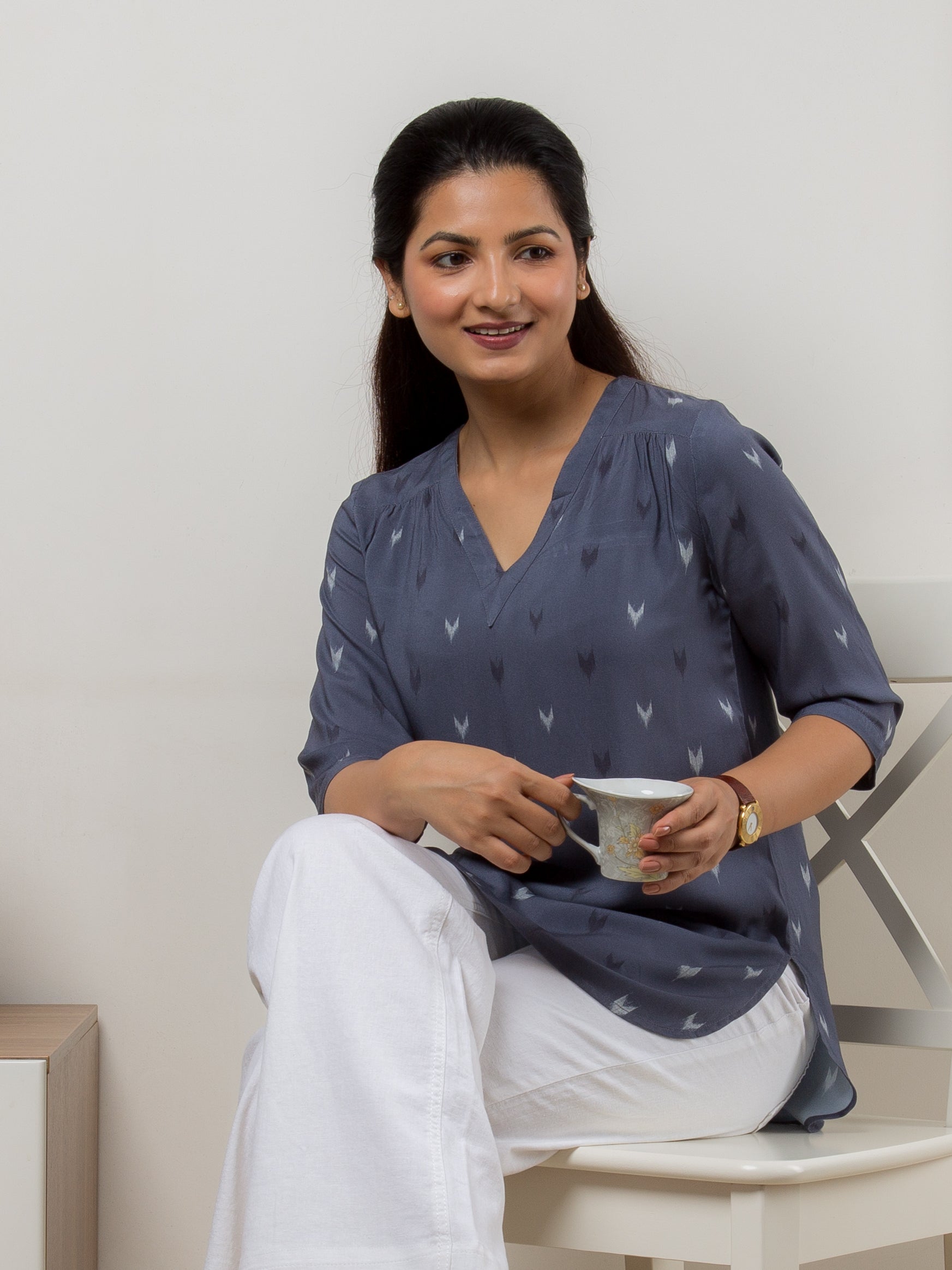 Women's Cotton Tunic in Blue V-Neck - Front
