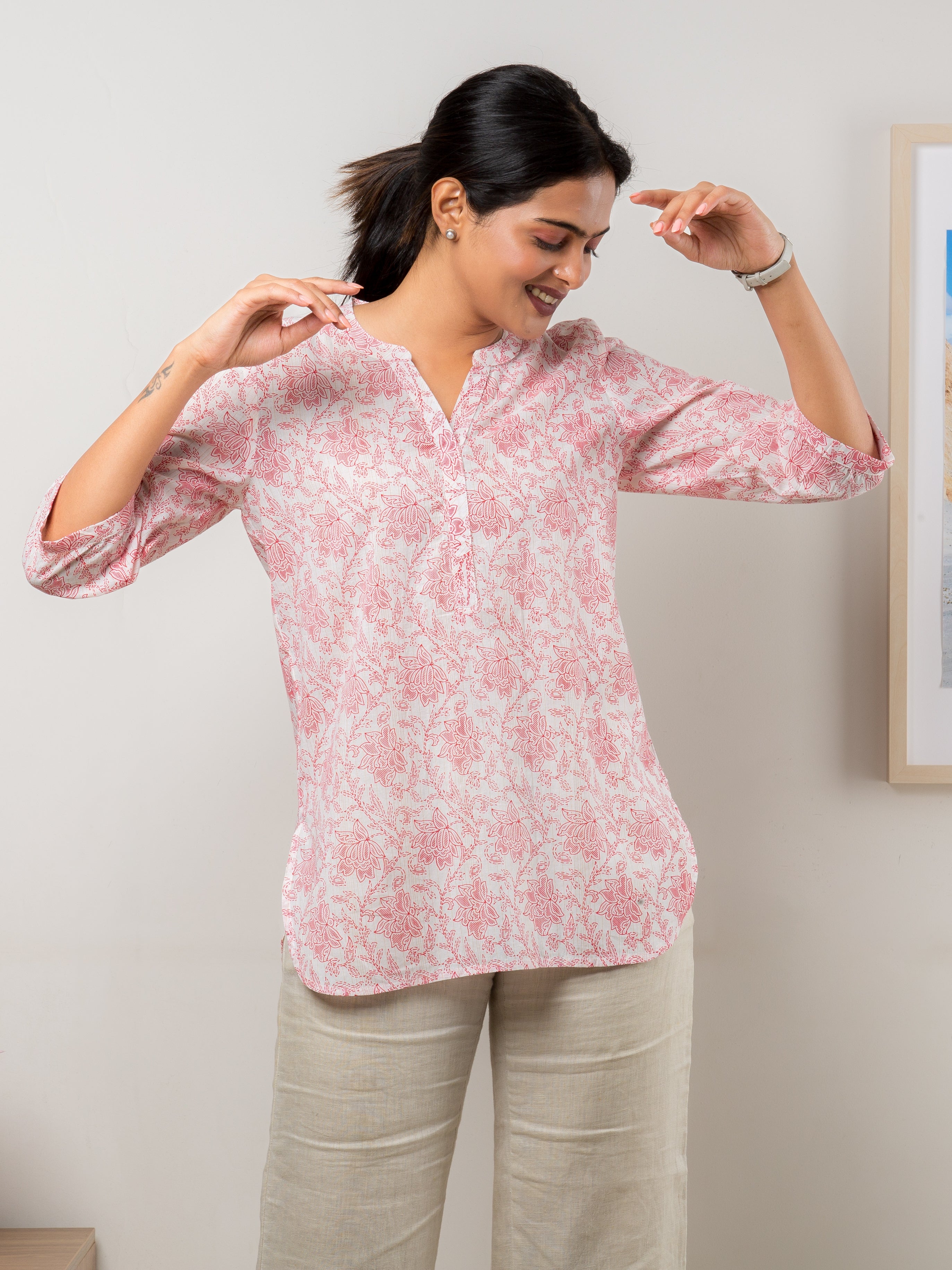 Women's Cotton Tunic in Red Floral - Front 3
