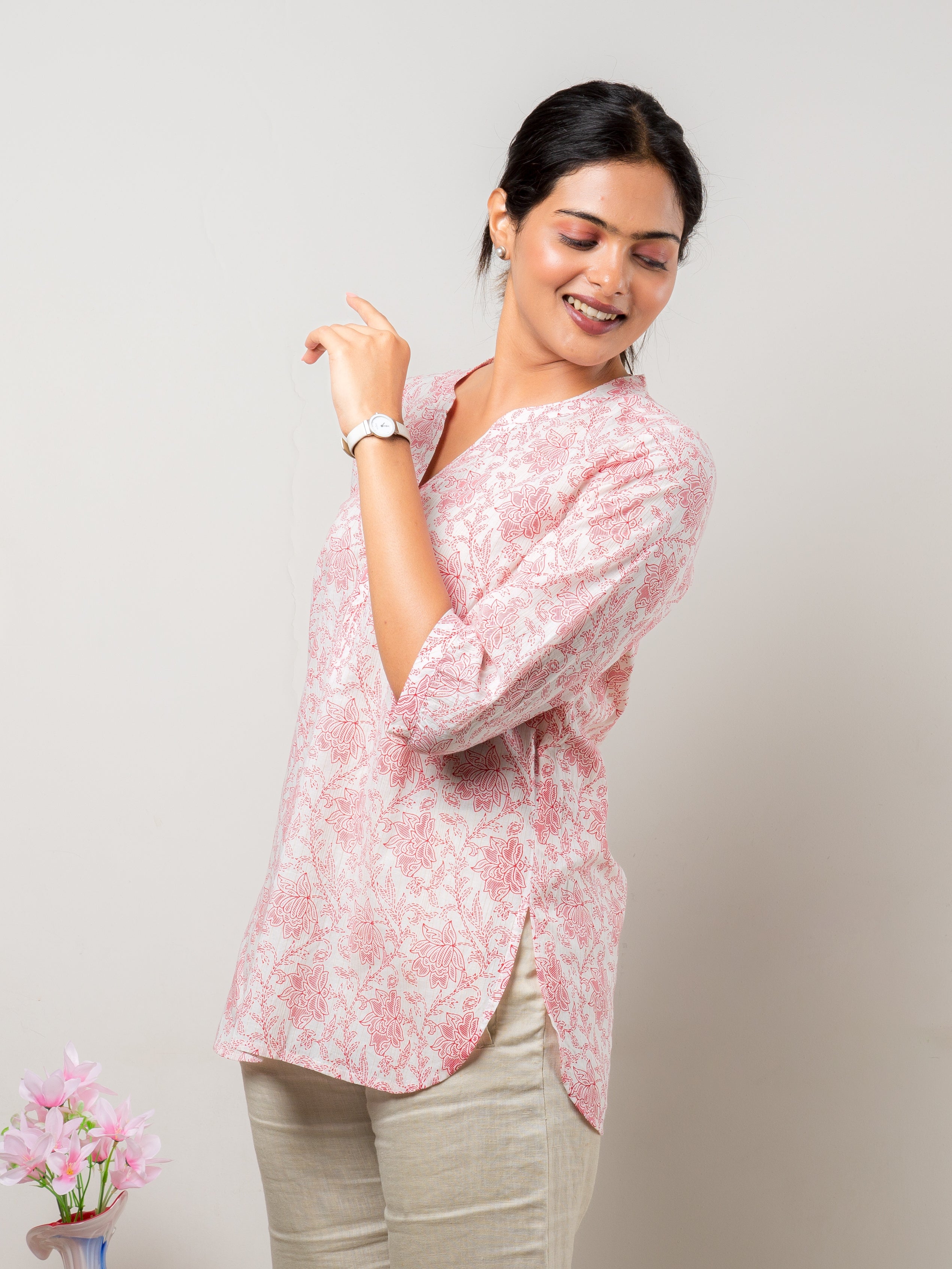 Women's Cotton Tunic in Red Floral - Side