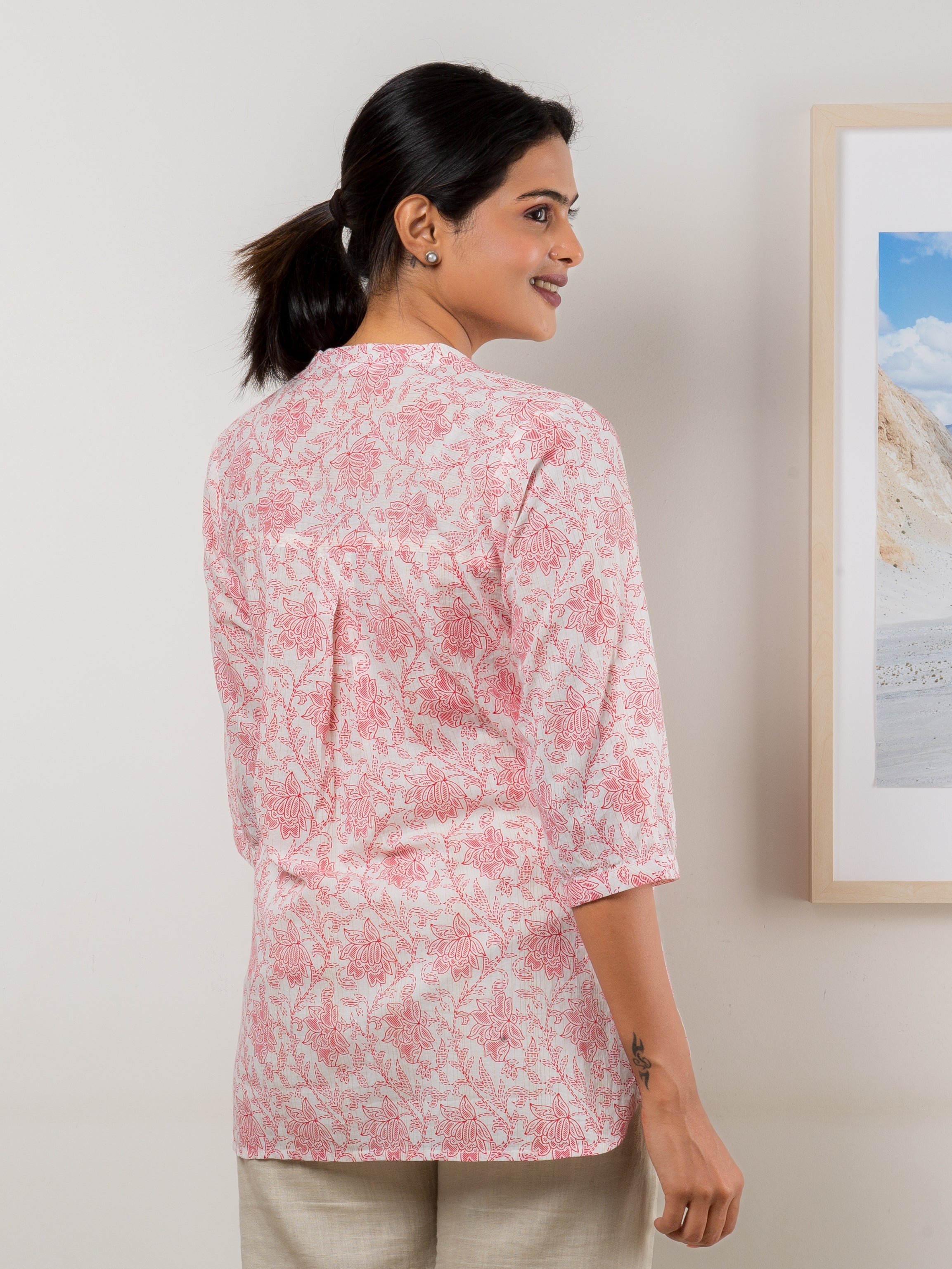 Women's Cotton Tunic in Red Floral - Back