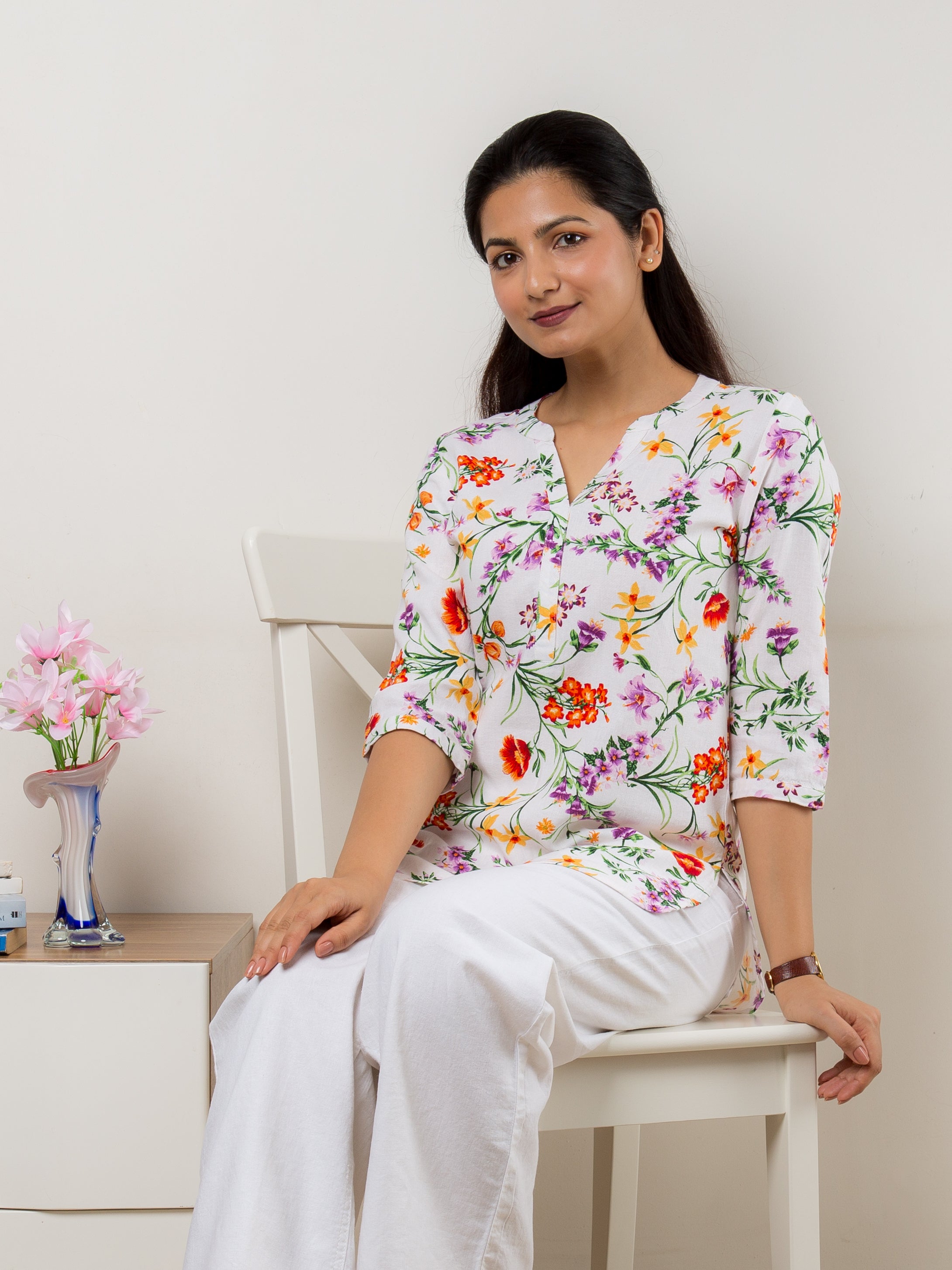 Women's Cotton Linen Tunic in Multicolor Floral Print- Sitting