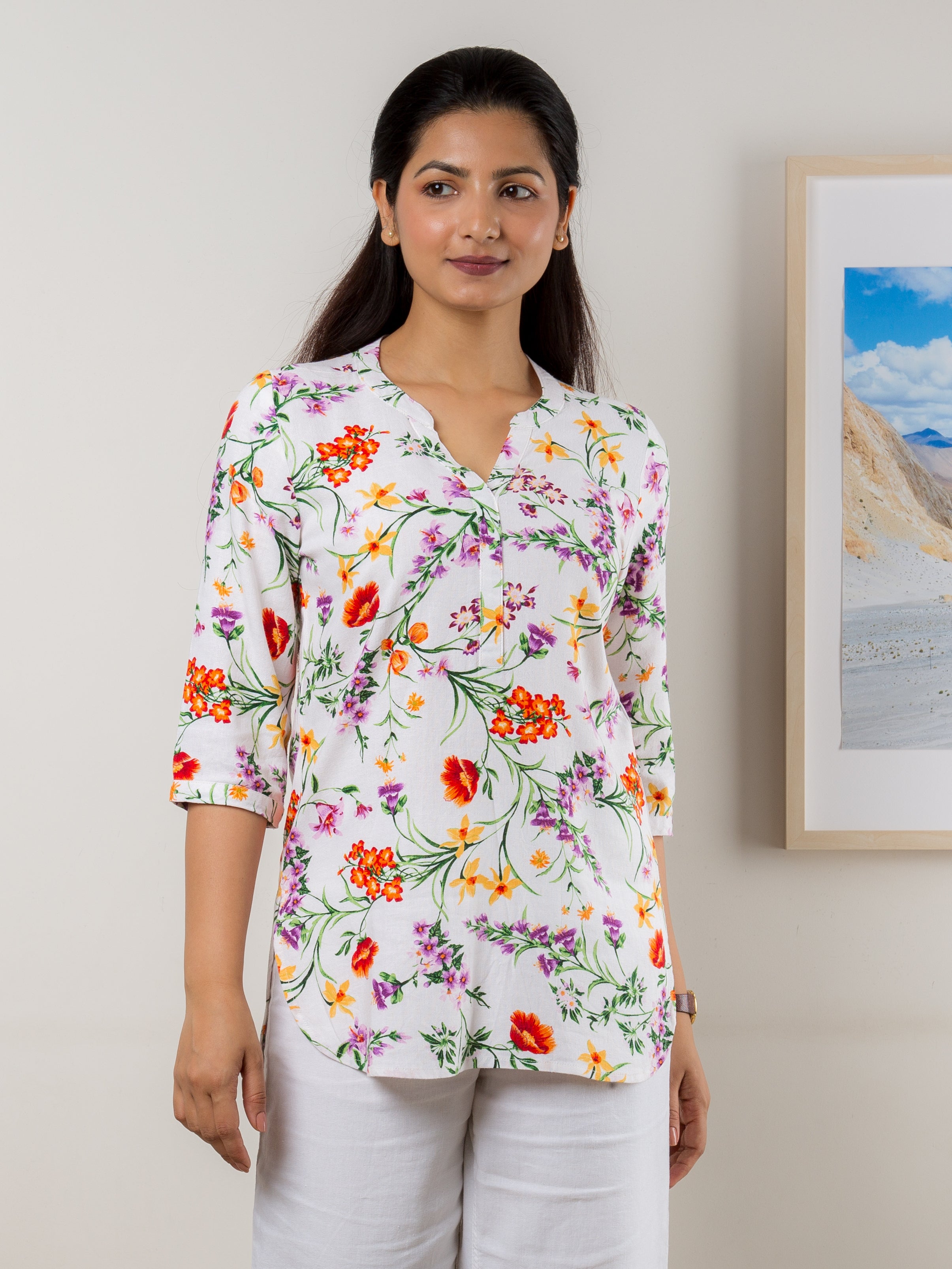 Women's Cotton Linen Tunic in Multicolor Floral Print- Front