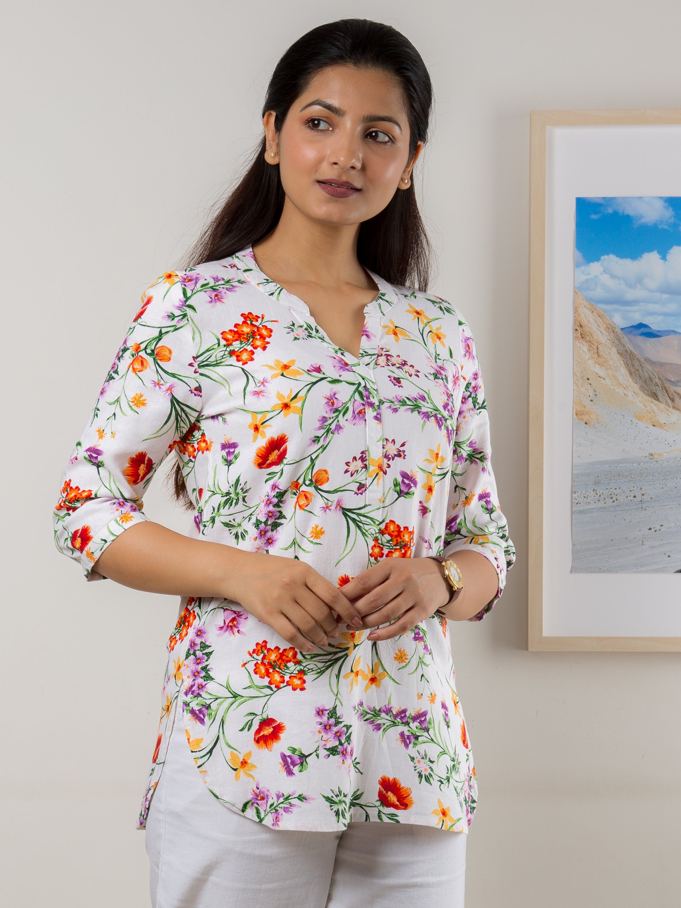 Women's Cotton Linen Tunic in Multicolor Floral Print- Side