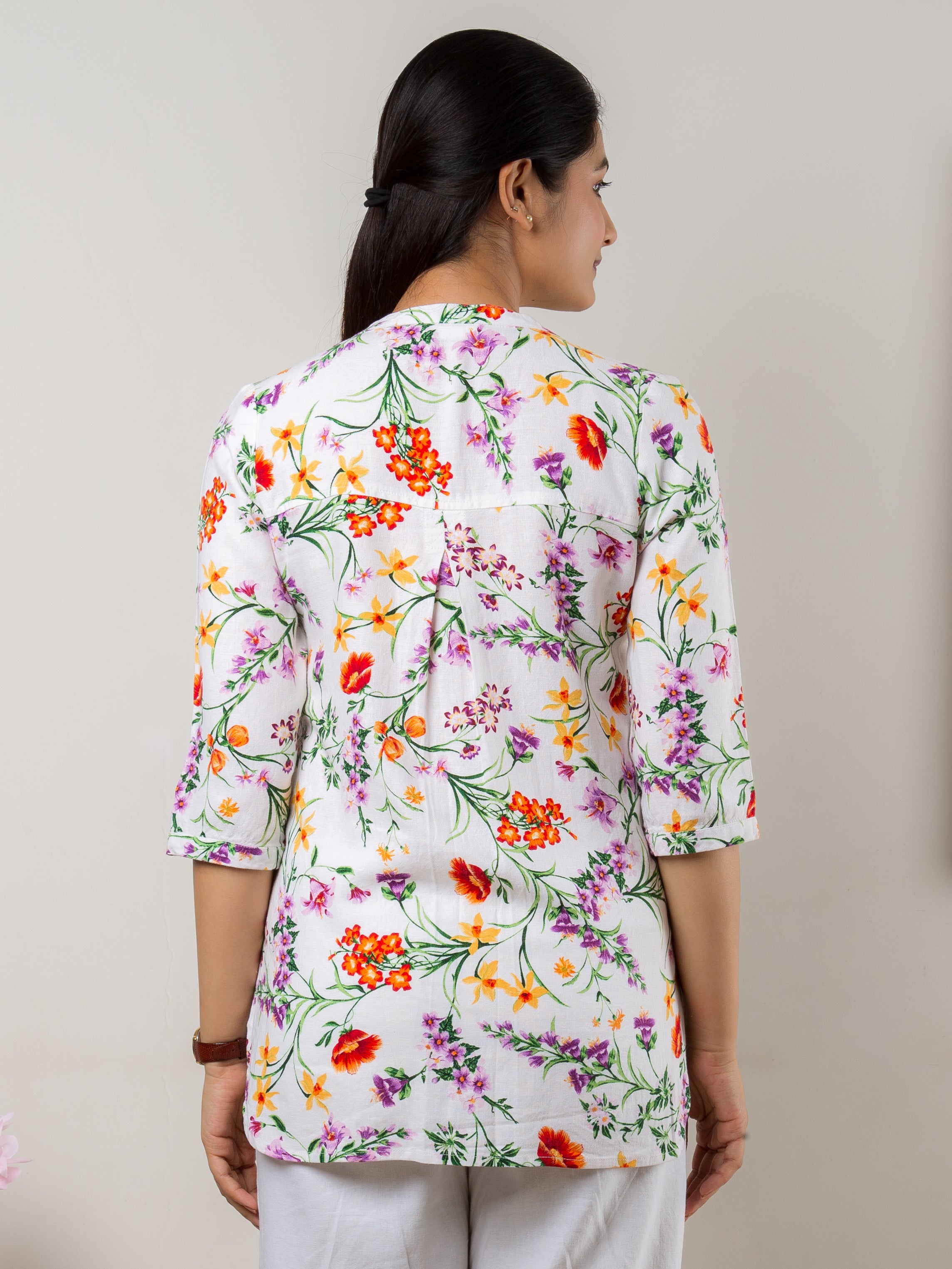 Women's Cotton Linen Tunic in Multicolor Floral Print - Back
