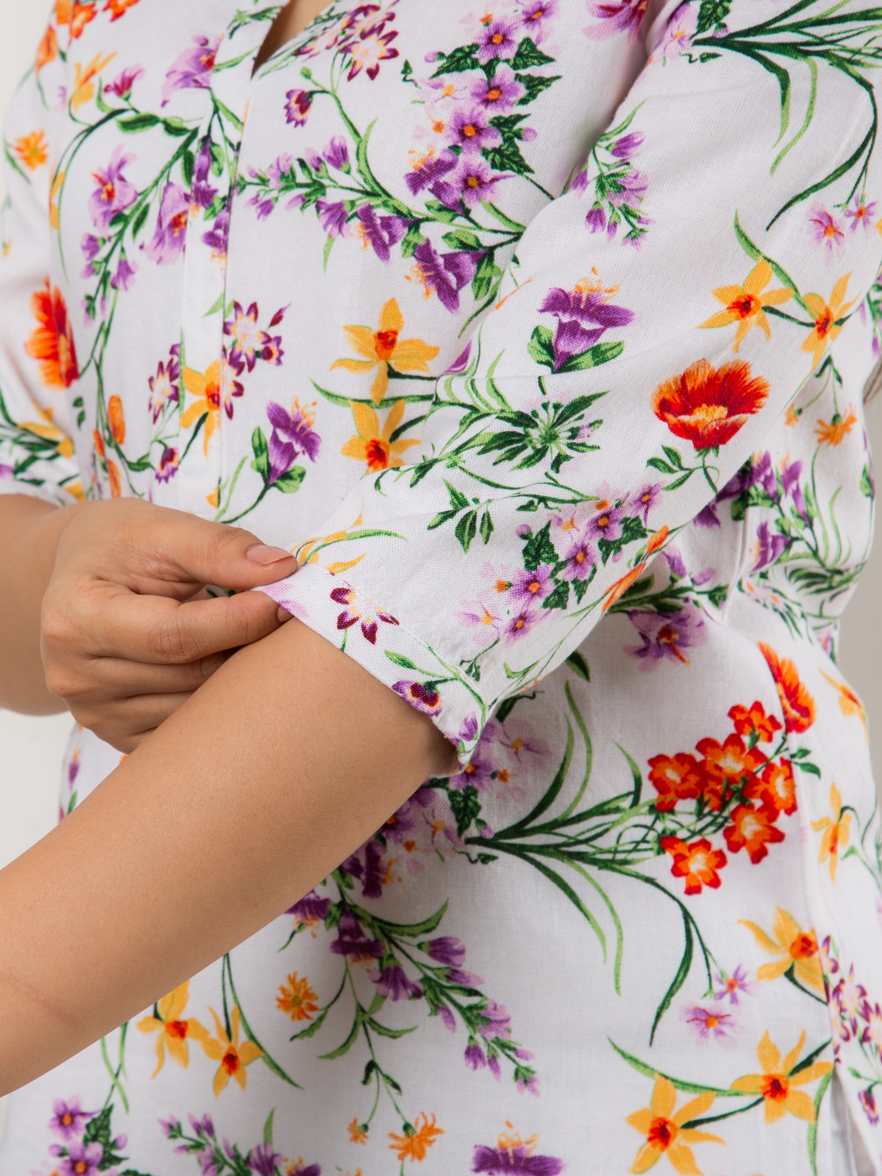 Women's Cotton Linen Tunic in Multicolor Floral Print - Close Up