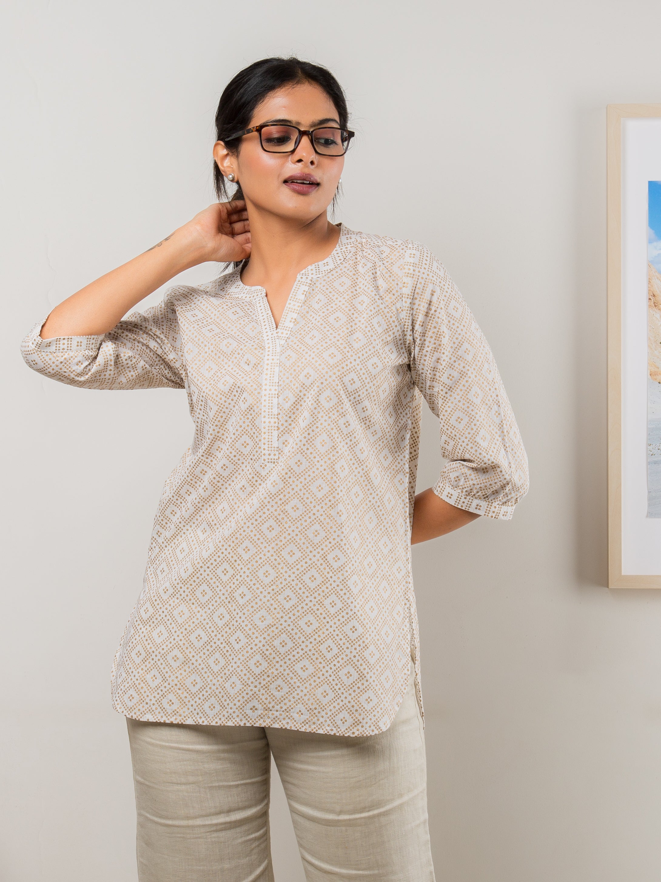 Women's Cotton Tunic in Gold Print - Front