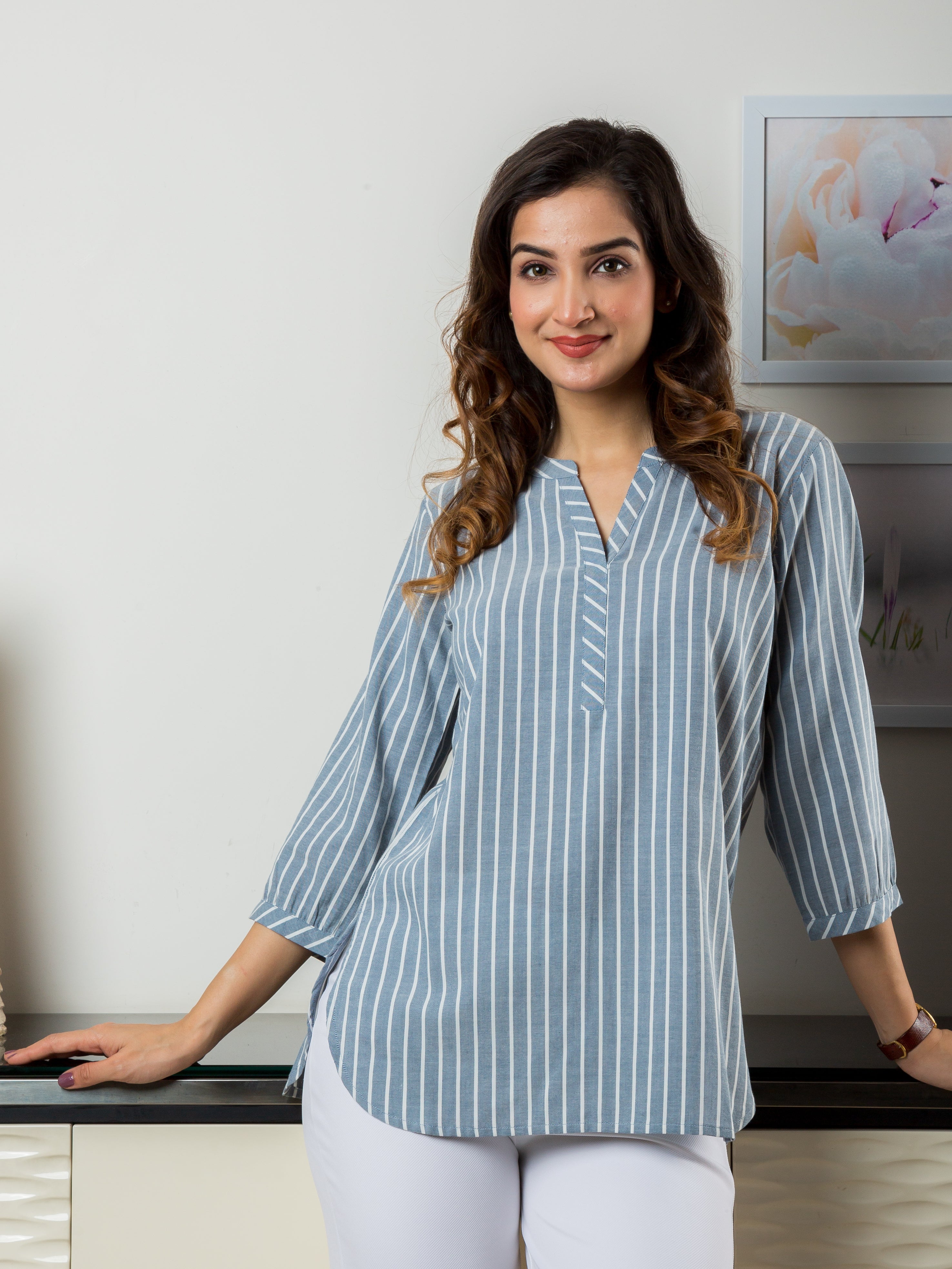 Women's Cotton Tunic in Grey Stripes - Front