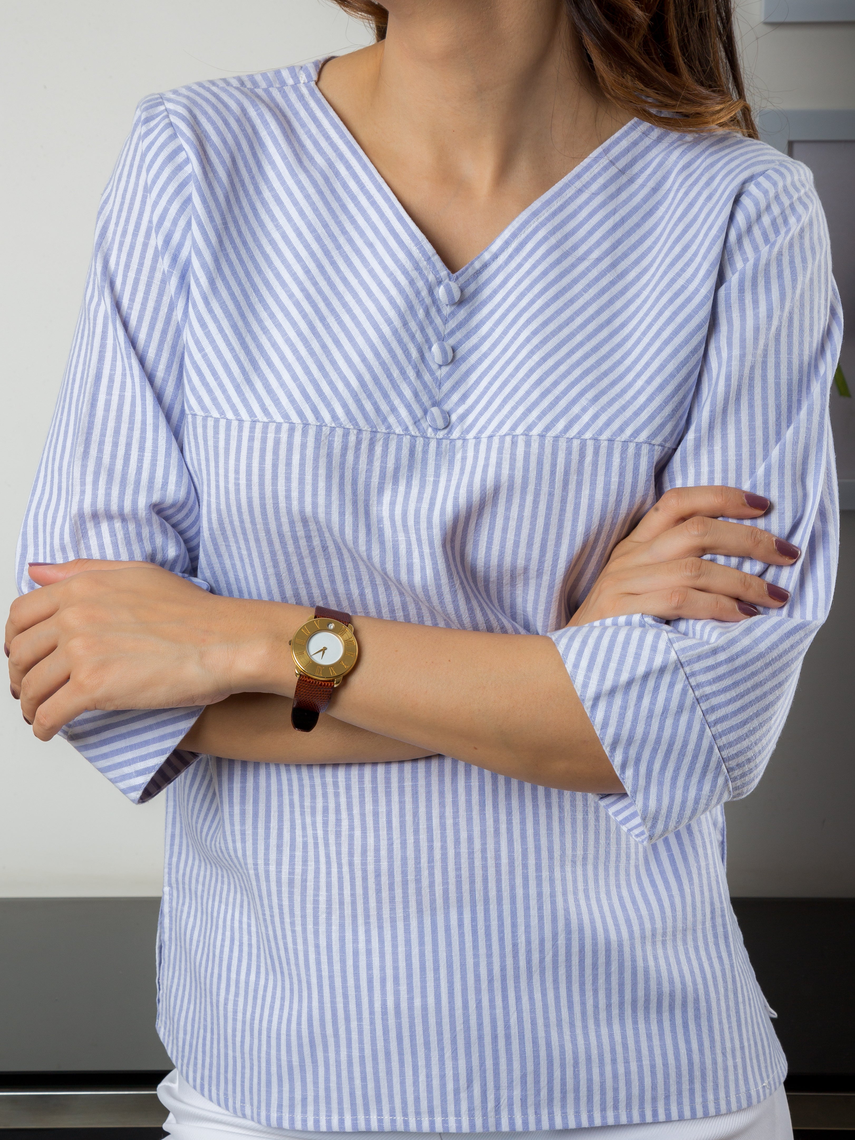 Women's Cotton Top in Blue Stripes - Close Up