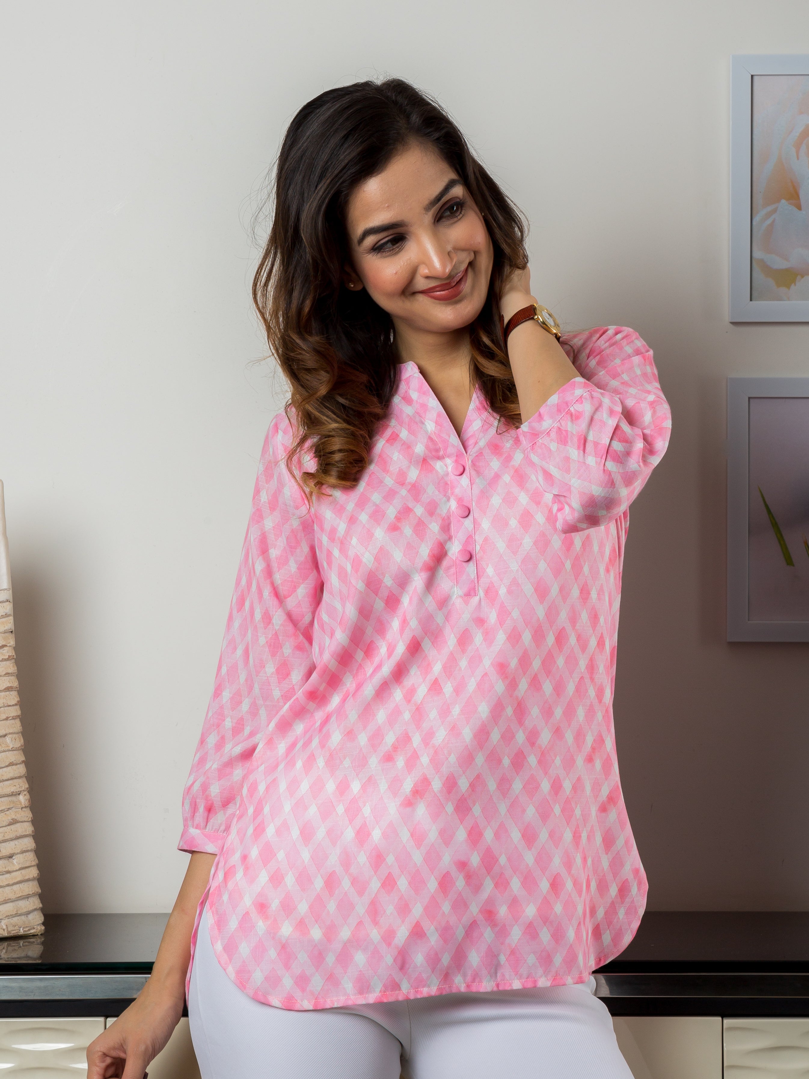 Women's Top in Pink Checkered Fabric - Front