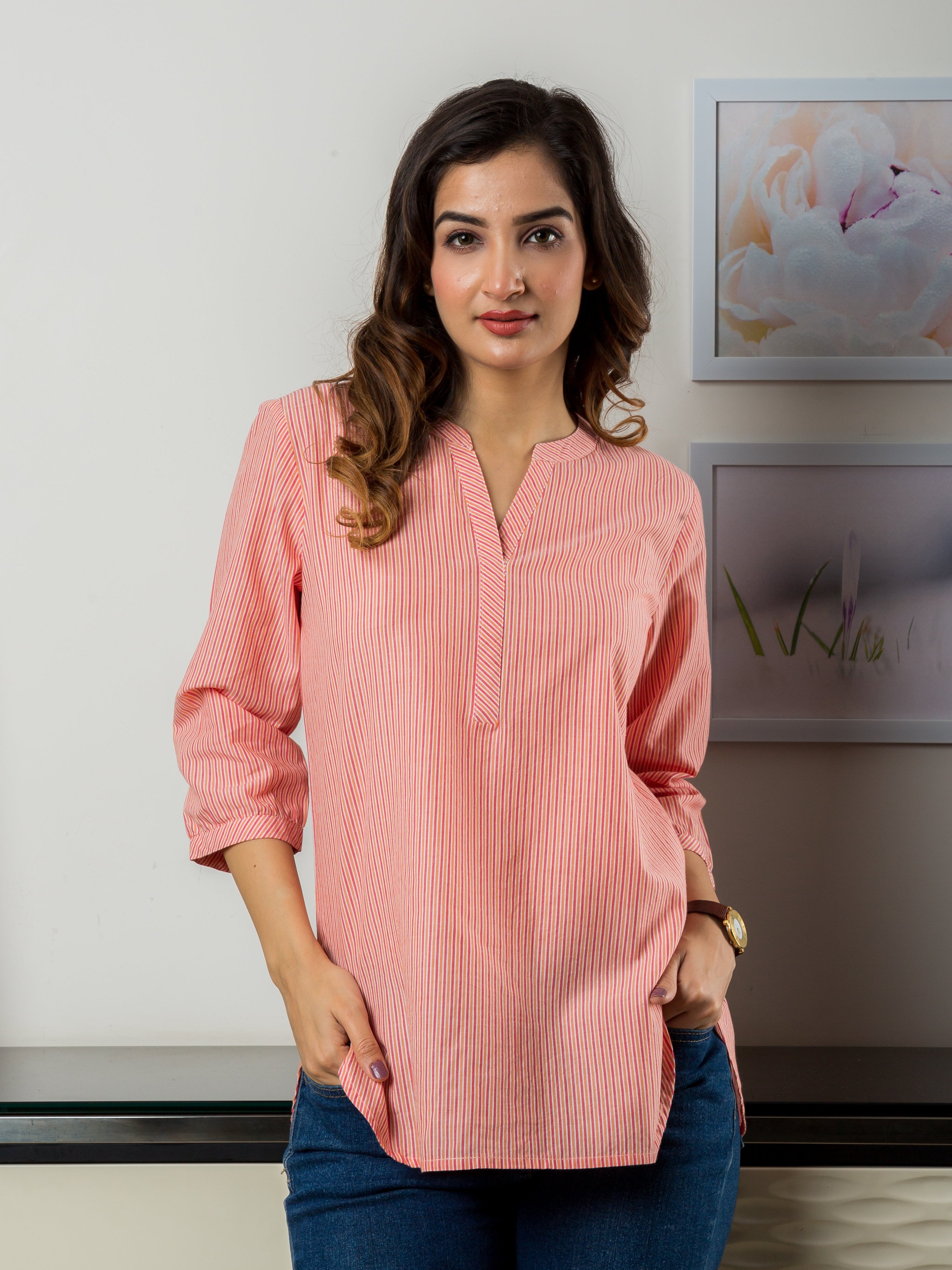 Women's Tunic in Peach Stripes - Front