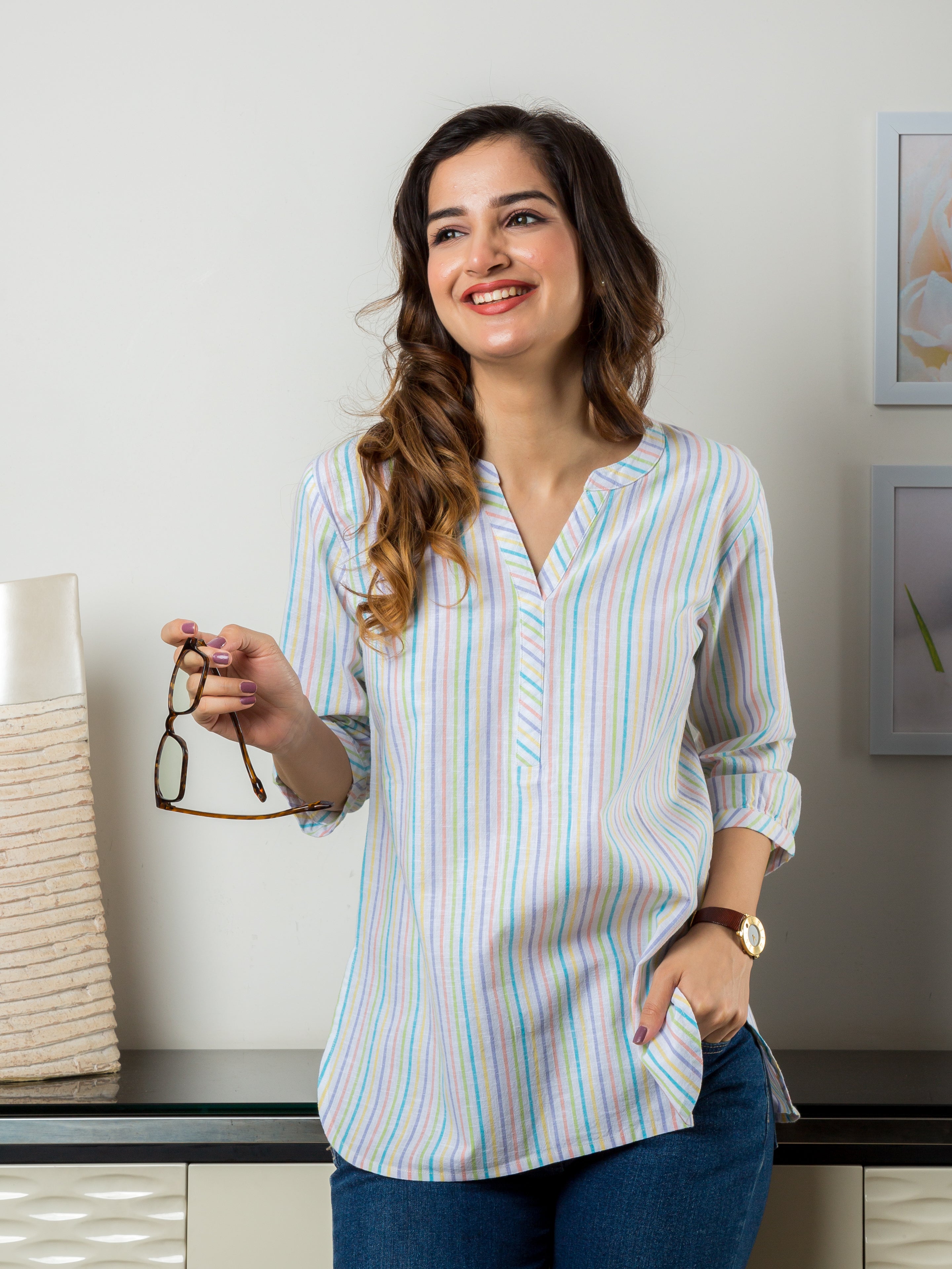 Women's Tunic in Multicolor Stripes - front