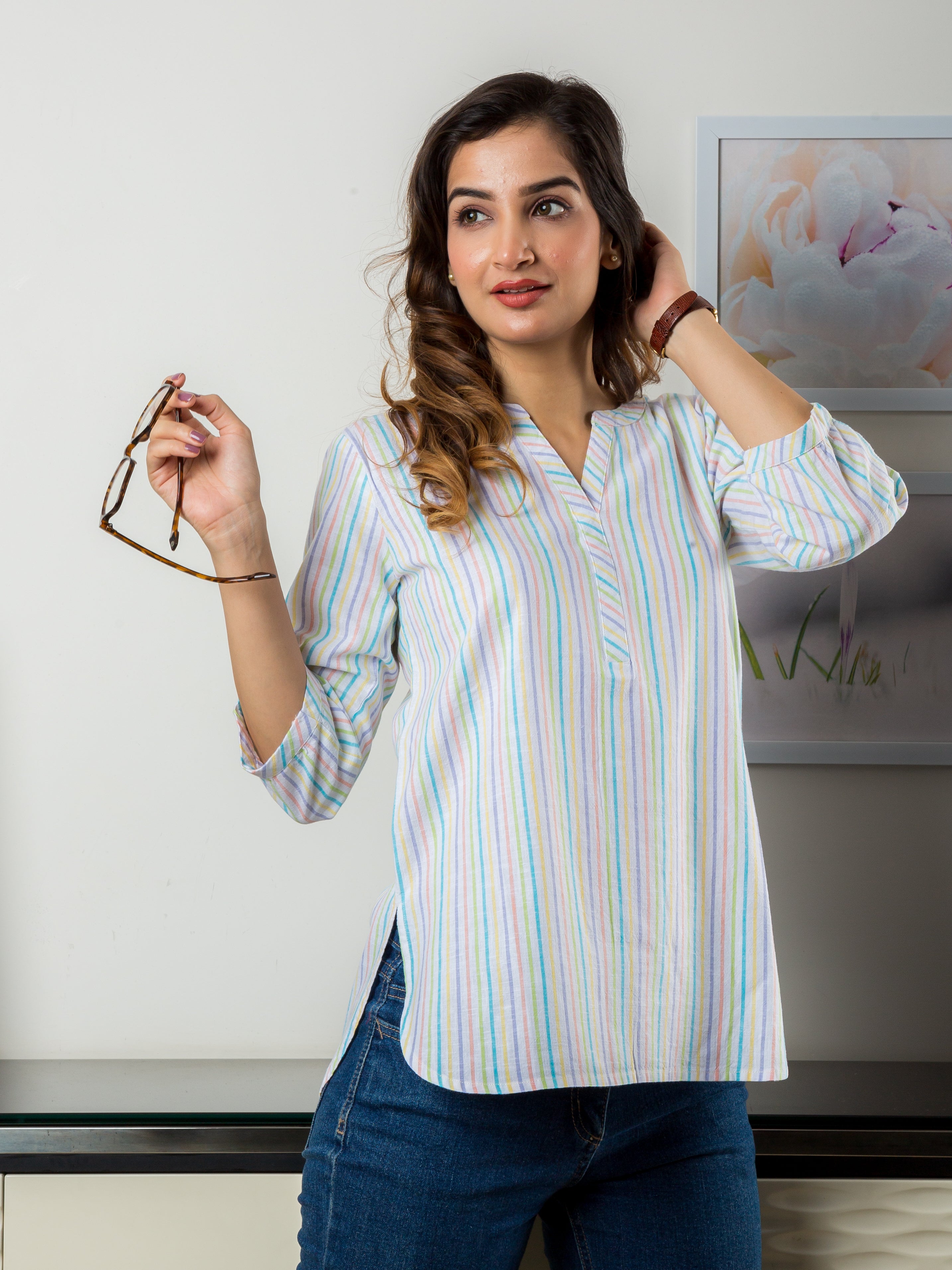 Women's Tunic in Multicolor Stripes - front 2